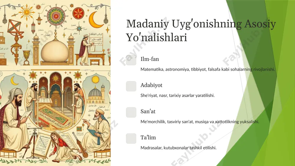 an. 7 ahmad yassaviy: so'fiylik ta'limotining targ'ibotchisi "hikmatlar" turkiy adabiyot 2 yassaviylik 3 "hikmatlar" to'plami turkiy adabiyotga katta ta'sir ko'rsatdi. yassaviylik tariqatining shakllanishi va tarqalishi muhim ahamiyatga ega. 8 uyg'onish davrining jahon sivilizatsiyasiga ta'siri yevropa uyg'onishi o'rta osiyolik olimlarning yevropa uyg'onish davriga ta'siri katta bo'lgan. ularning asarlari lotin tiliga tarjima qilingan. ilm-fan rivoji matematika, astronomiya, tibbiyot va falsafa sohalaridagi yutuqlar jahon sivilizatsiyasida muhim o'rin tutadi. 9 xulosa: madaniy merosimizni asrash va o'rganish 1 asrash 2 o'rganish 3 hurmat ix-xii asrlarda o'zbekistonda ro'y bergan madaniy uyg'onishning ahamiyati beqiyosdir. kelajak avlodga ushbu merosni yetkazish zarur. 10 image1.png image2.png image3.png image4.png image5.png image6.png image7.png image8.png image9.png image10.png image11.png image12.png image13.png image14.png image15.png image16.png image17.png image18.png image19.png