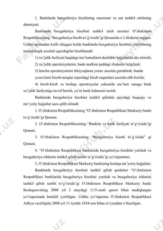 zbekiston respublikasi adliya vazirligida 2008-yil 11-iyulda 1834-son bilan ro’yxatdan o’tkazilgan. banklarda buxgalteriya hisobini tashkil qilish qoidalari “o’zbekiston respublikasi banklarida buxgalteriya hisobini yuritish va buxgalteriya ishlarini tashkil qilish tartibi to’g’risida”gi o’zbekiston respublikasi markaziy banki boshqaruvining 2008 yil 3 maydagi 11/5-sonli qarori bilan tasdiqlangan yo’riqnomada batafsil yoritilgan. ushbu yo’riqnoma o’zbekiston respublikasi adliya vazirligida 2008-yil 11-iyulda 1834-son bilan ro’yxatdan o’tkazilgan. bank buxgalteriya hisobining vazifalariga quyidagilarni kiritish mumkin: hisob-kitoblardagi mablag’lar aylanishini tezlashtirish, mijozlarga tez va puxta xizmat ko’rsatish; hisob-kitob, kassa, valuta, kredit hamda boshqa bank operatsiyalarini to’g’ri bajarish;bajarilgan operatsiyalar buxgalteriya hisobi va hisobotida o’z vaqtida hamda aniq aks ettirilishini ta’minlash; bankda turgan pul mablag’lari, moddiy boyliklar, shuningdek, qat’iy hisobi yuritiladigan blankalar kam chiqish yoki ortiqcha sarflab yuborilishining oldini olish; 2. bank hisob-operatsion apparatining tuzilishi. banklarda bajariladigan barcha operatsiyalarning buxgalteriya hisobini olib borish bankning hisob-operatsion bo’limiga yuklatilgan. hisob-operatsion bo’limi bank faoliyatining ko’lami va yo’nalishi, mijozlar soni hamda boshqa ko’rsatkichlarga qarab bir qancha guruhlardan iborat bo’ladi. …
