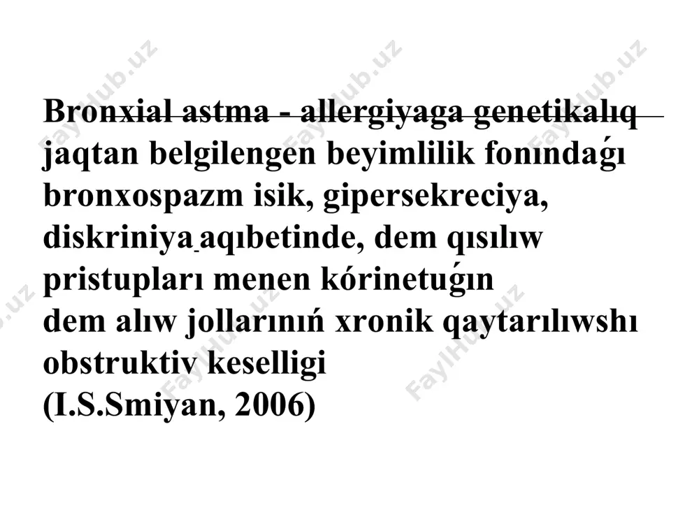 1 sm ge 287 ge jetedi, bul dánli otlar. iii dáwir - jaz - gúz, avgust bası - oktyabrdiń ekinshi yarımında. mikroskop astında mákke,polin, lebedi shańlarınıń túri anıqlanadı klinikası ba xabarchıları: (bir neshe saattan 2-3 kúnge shekem) uyqı buzılıwı yamasa tınıshsızlanıw, uyqıshılıq, allergiyalıq rinit, teri, murın qısıwı (allergiyalıq salyut), приступообразный, малопродуктивный кашель; вегетативные расстройства: бледность, потливость, расширение зрачков, тахикардия, головная боль; awqatqa baylanıslı bronxial -astma keselliginde tutılıwdan keyin geyde polimorfli qıshıwshı taspalar hám asqazan - ishek traktınıń buzılıwı boladı. shan’lı bronxial astma menen awırǵan nawqaslarda dem alıwdıń qıyınlasıwınan aldın allergiyalıq rinit hám końyuktivit payda boladı. infekciyalıq-allergiyalıq bronxial astmada nawqastıń kúsheyiwi, ádette, orvi den dúzeliw dáwirinde payda boladı. baslanıwdan aldınǵı dáwirde balalardı klinikalıq kózden ótkeriwde faringit, badamshıqlardıń isip ketkenligi, perkussiya qutıshanın sesi, taza dem alıwdıń fonında birneshe qurǵaq sırıldawlar anıqlanıwı múmkin. ayırım balalarda tutılıwı sonday tez rawajlanadı, onıń aldınǵı dáwiriniń belgilerin anıqlaw múmkin emes. klinikası tutılıwdıń ózgeshelikleri: ádette túnde yamasa azanda …