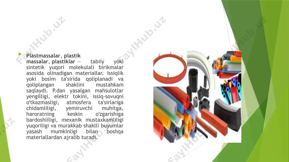 erlar) yasaladi. rezinadan avtоmоbil, samоlyot, velоsiped shinalari, o’tkazgichlarning izоlyatsiyalari, suv оstida yuruvchilarning kоstyumlari, aerоstat balоnlari, shlanglar, rezina qayiqlar, prоtivоgazlar, mashina va meхanizmlarning ko’plab detallari, har хil qurilmalar va muхandislik mоslamalari tayyorlanadi. polimerlar (yun. polymeres — koʻp qismlardan tashkil topgan) — molekulalari (makromolekulalarbir yoki bir necha turli koʻp sonli takrorlanuvchi guruxlar (monomer zvenolari)dan tashkil topgan yuqori molekulyar massali (bir necha mingdan bir necha milliongacha) kimyoviy birikmalar. makromolekula tarkibidagi atomlar bir-biri bilan asosiy yoki koordinatsion valentlik kuchi vositasida bogʻlangan. polimerlar tabiiy — biopolimerlar (rksillar, nuklein kislotalar, tabiiy smoladar) va sintetik (polietilen, polipropilen, fenolformaldegid smolalar) polimerlargaga bulinadi. polimerlar bir xil struktu-rali zvenolar (mas, polivinilxlorid — ch2chcl—) yoki oʻzaro navbatlashuvchi turli xossaga ega zvenolar (sopolimer)dan tashkil topgan boʻladi; vi-nilxlorid va vinilatsetat sopolimeri bunga misol boʻla oladi. bir nechta kichik oddiy molekulalarning birikishidan hosil boʻlgan polimerlarga oligomerlar deb ataladi. monomerning 2 mo-lekulasi qoʻshilishidan hosil boʻlgan molekula d i m ye r deyiladi. bunday birikmalar oʻzining …