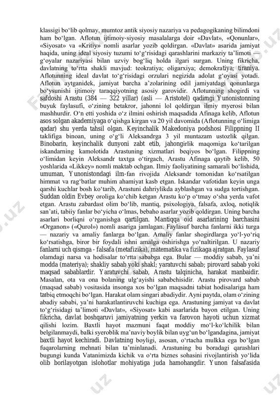 surgan g‘oyalar uning shogirdi eley falsafiy maktabining ko‘zga ko‘ringan namoyandalaridan biri, yeramizdan avvalgi 504 yili tug‘ilgan parmenid tomonidan rivojlantirilgan. eley falsafiy maktabining namoyandalaridan biri parmenidning shogirdi va do‘sti zenon (490-430 yillar) o‘z ustozining ta’limotini himoya qildi va uni rivojlantirdi. qadimgi yunon madaniyatida sofistlar falsafasi katta o‘rin tutadi. sofistlar antropologiya (inson haqidagi fan) va gnoseologiya (bilish to‘g‘risidagi fan) muammolari bilan shug‘ullangan. sofistlar yangi kasblarning mohir ustalari, ya’ni o‘qituvchilar, diplomatlar, notiqlar, sud mahkamalarida ishlovchi mutaxassislardan iborat bo‘lib, haqiqat, osoyishtalik, adolat o‘rnatishga xizmat qilgan. ularning ta’limoti suqrot falsafasiga ham ma’lum darajada ta’sir ko‘rsatgan. suqrot (yeramizdan oldingi 469- 399 yillar.) (asli — sokrat) — qadimgi yunon faylasufi. «afinaning ijtimoiy hayotida faol ishtirok etgan, yoshlar tarbiyasi bilan shug‘ullangan, hurfikrli inson, kambag‘aldan chiqqan, tosh yo‘nuvchining o‘g‘li, o‘ta bilimdon kishi sifatida mashhur bo‘lgan. uning hayoti fojiali tugagani to‘g‘risidagi misol falsafiy afsonaga aylanib ketgan. o‘z davrida afinadagi hukmron tuzum tartib-qoidalariga qarshi chiqib, yangi fikrlarni ilgari surgani uchun ruhoniylar …