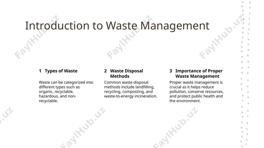 posting initiatives recycling helps reduce waste in landfills, conserves natural resources, and minimizes pollution from the production of new materials. composting can include backyard composting, vermicomposting (using worms), and large-scale industrial composting facilities. many cities offer curbside recycling programs, while community gardens and local farms often accept food scraps for composting. waste-to-energy technologies incineration incineration involves burning waste to produce heat, which can then be used to generate electricity or heat buildings. anaerobic digestion this process breaks down organic waste, such as food scraps and animal manure, to produce biogas and nutrient-rich fertilizer. gasification gasification converts waste into syngas, a mixture of carbon monoxide and hydrogen, which can be used as a fuel for generating electricity. pyrolysis pyrolysis heats waste in the absence of oxygen to produce bio-oil, gas, and char, which can be used as energy sources or raw materials. hazardous waste management 1 2 3 identification and classification …