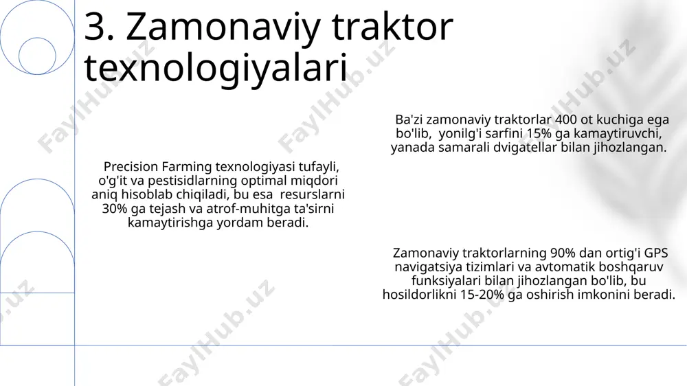 asini 98% gacha oshiradi, shuningdek, yo'qotishlarni minimallashtiradi va hosil sifatini yaxshilaydi. o'rim-yig'im texnikasi, masalan, birlashtirilgan kombaynlar, o'rtacha 250-350 ot kuchi quvvatiga ega bo'lib, turli xil birikmalar bilan jihozlanishi mumkin. o'rim-yig'im texnikalarining samaradorligi soatiga 5-10 gektar maydonni qayta ishlash imkoniyatini beradi, bu esa mehnat unumdorligini 3-4 baravar oshiradi va ishchi kuchi xarajatlarini kamaytiradi. 15. o'rim-yig'im texnikalari yuqori samarali sug'orish texnikalari, jumladan, pivotli sug'orish tizimlari 1 gektar maydonga 500-700 m³ suv sarfini ta'minlaydi, bu an'anaviy usullarga nisbatan ancha iqtisodiy jihatdan foydalidir. “sug'orish texnikalari” sohasida tomchilatma sug'orish tizimlari 30% gacha suv tejashga yordam beradi va hosildorlikni 15-20% ga oshiradi, bu esa iqtisodiy samaradorlikni sezilarli darajada yaxshilaydi. zamonaviy sug'orish tizimlari, masalan, dastgoh yordamida boshqariladigan nasoslar va sensorlar yordamida avtomatlashtirilgan sug'orish, suv sarfini optimal darajada boshqarish imkonini beradi va mehnat xarajatlarini 25% ga kamaytiradi. 16. sug'orish texnikalari traktorni boshqarishda tezlikni 20 km/soatdan oshmaslik, ayniqsa, yon bag'irlarda va nozik yerlarda ehtiyotkorlikni kuchaytirish xavfsizlikni ta'minlash uchun juda …