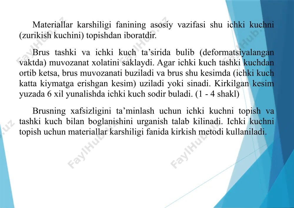 agi urtacha kuchlanish deyiladi va u kichkina «r» bilan belgilanadi , yunalishi dq singari vertorli kiymat bulib, shu kuch yunalishi tomon yunalgan buladi. agarda bu nisbatni df yuzaning «o» (nol) gacha kamayishida olsak, kuchlanish yuza nuktasining kuchlanishi bulib koladi, ya’ni agarda ichki kuch kesim yuzaga teng taksimlangan bulsa, kuchlanish shu ichki kuchlar teng ta’sir etuvchisining yuzaga bulgan nisbatiga teng buladi. shunday kilib kuchlanishni yana kuyidagicha ta’riflash mumkin: kuchlanish deb, kesim yuza nuktasiga tugri kelgan ichki kuchga aytiladi. uning ulchov birligi n/mm2, n/m2, (mpa). bu yerda r kuchlanishga - umumiy tula kuchlanish deyiladi. tula kuchlanishning tuzuvchilari, s va t larni bilgan xolda r ni kuydagicha geometrik kushib aniklash mumkin. kuchlanish s kattik jism zarrachalami bir-biriga nisbatan normal buylab siljishiga karshilik kursatadi. kuchlanish t esa zarrachalarning kirkim tekisligi buyilab siljishiga karshilik kursatadigan ichki kuchdir. kuchlanishning ulchov birligi: 1 kg/sm2=9,81 n/sm2=0,0981 n/mm2=98100 n/m2 1 n/mm2=1 mn/m2= 10,2 kg/sm2= 1 mpa taxminiy kiymati: 1kg/sm2=10 …
