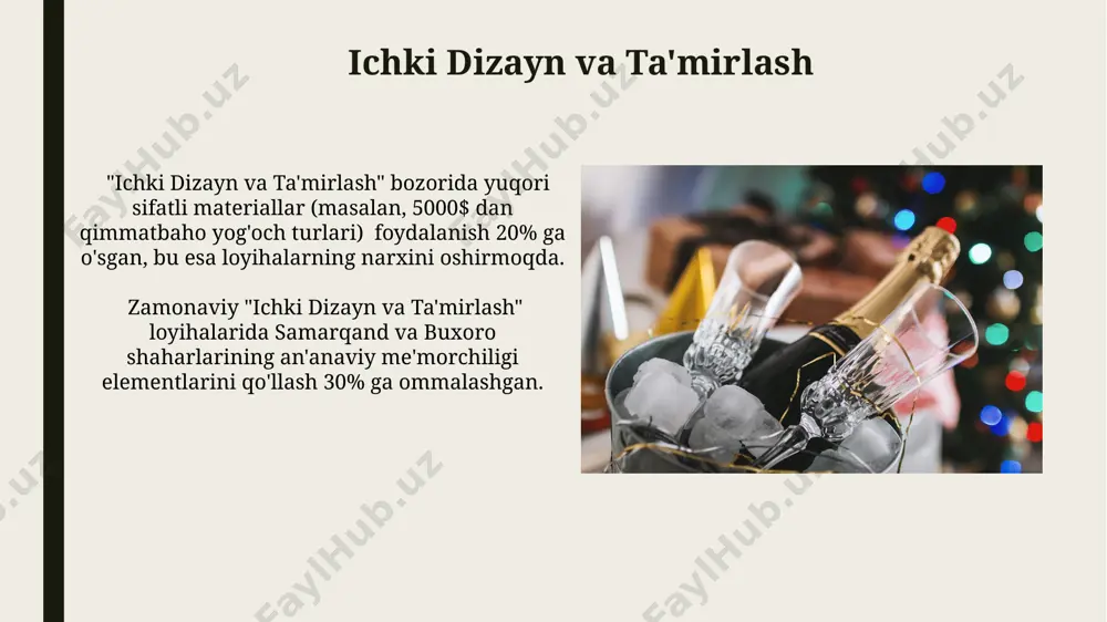 таъмирлаш ишлари давом этмоқда. андижондаги 10 та янги кўп қаватли уй қурилишида сифат назорати учун iso 9001:2015 халқаро стандартига мос келувчи 7 та мустақил эксперт гуруҳи иш олиб борган ва ҳар бир бинонинг техник ҳужжатлари 3 марта текширилган. yer tayyorlash va zamin o'rganish toshkent shahridagi 15 qavatli binoning qurilishi uchun yer osti suvlarining chuqurligi va tuproqning zichligi 30 metrgacha bo'lgan geotexnik tadqiqotlar o'tkazildi. farg'ona vodiysidagi 10 qavatli bino uchun saytning seysmik faolligi 7 balldan yuqori bo'lganligi sababli, mustahkam poydevor va maxsus qurilish texnologiyalari qo'llanildi. shiftlar va qoplama toshkentdagi 15 qavatli bino qurilishida, issiqlik izolyatsiyasi uchun 10 sm qalinlikdagi mineral jun qoplamasi ishlatilgan, bu esa energiya sarfini 20% ga kamaytirdi. farg'ona viloyatida qurilgan 8 qavatli binoda, seysmik chidamlilikni ta'minlash uchun 25 mm qalinlikdagi maxsus mustahkamlovchi shift plitalari o'rnatildi, bu esa binoning xavfsizlik darajasini oshirdi. e'tiboringiz uchun rahmat @taqdimot_robot image1.jpg image2.jpg image3.jpg image4.jpg image5.jpg image6.jpg image7.jpg image8.jpg image9.jpg image10.jpg image11.jpg image12.jpg