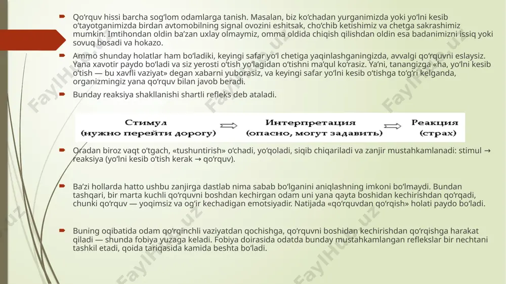 ko‘ngil aynishi yoki qorin bo‘shlig‘ida yoqimsiz sezgilar; 9. bosh aylanishi, beqarorlik yoki hushdan ketish holati; 10. derealizatsiya (atrofdagi narsalar haqiqiy emasdek tuyulishi) yoki depersonalizatsiya; 11. o‘zini boshqara olmaslik, «aqlidan ozish»dan qo‘rquv; 12. o‘lishdan qo‘rquv; 13. issiq bosishi yoki sovuq qaltirashi; 14. uvishish yoki sanchish hissi. ko’p uchraydigan fobiya turlari agorafobiya so‘zi yunoncha «agora» — bozor so‘zidan kelib chiqqan bo‘lib, bu turdagi fobiyani ko‘pincha «bozor qo‘rquvi» deb ham atashadi. asosan bu ochiq joylardan qo‘rqishdir. u odamlarning olomonidan, jamoat joylaridan, uydan yoki uyning yaqin atrofidan tashqariga chiqishdan, yolg‘iz harakatlanishdan qo‘rqish tarzida namoyon bo‘ladi. bu eng ko‘p odamni cheklab qo‘yadigan fobiya bo‘lib, ayrim insonlar hatto uyga qamalib qolishadi. ko‘plar uchun odamlar orasida yiqilib tushib qolish, «sharmanda bo‘lish», «birdan o‘zimni yomon his qilishim mumkin» degan o‘ylar qo‘rqinchli bo‘lib tuyuladi. chiqishga darhol imkonning yo‘qligi, uy juda uzoqda joylashganidan kelib chiqadigan noqulaylik tashvish simptomlariga, vahimaga va bunday vaziyatlardan qochishga olib kelishi mumkin. bu fobiyaga ko‘proq yosh …