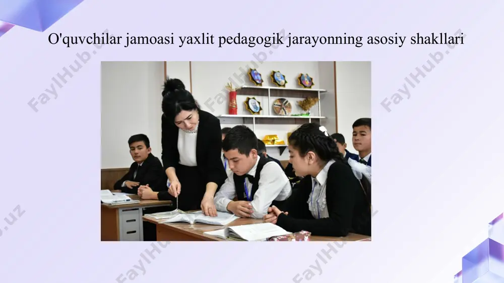 tasida ochiq muloqot muhitini yaratish, ularning fikrlarini tinglash. 4 hurmat va ijtimoiy normalar o'quvchilar o'rtasida hurmat va o'zaro munosabatlar qoidalarini o'rnatish. o'quvchilar jamoasining rivojlanish bosqichlari 1 tanishish o'quvchilar bir-birlari bilan tanishish va jamoa qoidalarini o'rganish bosqichi. 2 hamkorlik o'quvchilar birgalikda ishlashga, bir-birlariga yordam berishga o'rganish bosqichi. 3 mustaqillik o'quvchilar o'z vazifalarini mustaqil ravishda bajarishga o'rganish bosqichi. 4 rivojlanish o'quvchilar o'zlarini rivojlantirishga, yangi bilimlarga intilishga o'rganish bosqichi. o'quvchilar jamoasi orqali yaxlit pedagogik jarayonni amalga oshirish 1 rejalashtirish o'quv jarayonini rejalashtirishda o'quvchilar jamoasini hisobga olish. 2 boshqarish o'quvchilar jamoasini tashkil etish va boshqarish usullarini qo'llash. 3 baholash o'quvchilarning o'rganish natijalarini individual va jamoa sifatida baholash. 4 yaxshilash o'quvchilar jamoasining samaradorligini oshirish uchun o'zgartirishlarni amalga oshirish. image8.png image9.png image10.png image11.jpeg image4.png image2.png image3.png image12.png image13.png image1.png image14.png image15.png image16.png image17.png image18.png image19.png image20.png image21.png image22.png image23.png image24.png image25.png image26.png image5.png image27.png image6.png image7.png