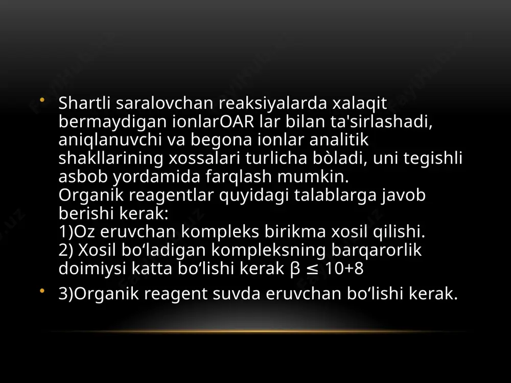 g deformatsiyalanishi natijasida paydo bo‘ladigan kuchlanish eng kamdir. masalan; fe3+ ning oksalat kislota bilan kompleksi (5 a’zoli) qaxrabo kislotasi bilan xosil qiladigan 7 a’zoli kompleksiga qaraganda barqarordir. bitta kompleks xosil qilishiga to‘g‘ri keladigan xalqalar sonining ortishi ham kompleks birikmaning barqarorligini oshiradi. masalan; edta ca2+ yoki mg2+ bilan 3 va 5 a’zoli xalqa xosil qiladi va barqaror. fenol molekulasiga 2- -oh ortaxolatda bo‘lsagina (fenol uchun), naftol uchun peri xolatda bo‘lsagina xelat effekti kuzatiladi. organik reagent molekulasidagi bir necha funksional guruxlarning o‘zaro joylashishi juda muhumdir, masalan h2n-ch2­- ch2­- ch2­-nh2 kompleksi (ch3)2-n- ch2­- ch2­-n-(ch3)2 ga nisbatan barqaror bo‘ladi. dioksimlarning metallar bilan o‘zaro ta’sirida fazoviy omillarning ta’siri sezilarli bo‘ladi. bular ichida eng barqaror komplekslar beradigani antiformasidir, amfiforma bilan barqarorligi kam kompleks birikmalar xosil qilsa, sinformalar esa fazoviy qiyinchilar xisobiga umuman kompleks xosil qilmaydi. bundan tashqari komplkes xosil qiluvchi o‘lchamiga ham bog‘liqdir. o‘lchami kichik bo‘lgan ion atrofida xajmi kichik bo‘lgan ligandlar koordinatlanishishi mumkin va ligandlar …