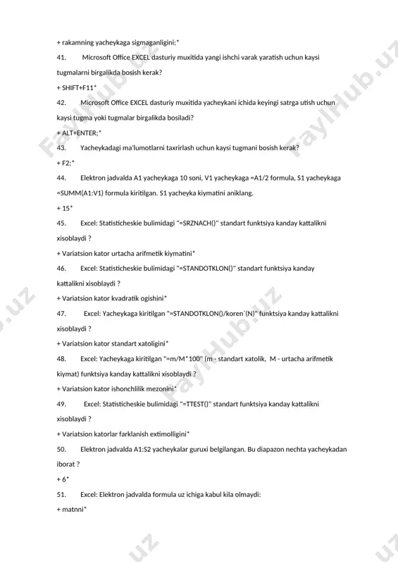gan "=standotklon()/koren`(n)", "=m/m*100", "=abs(m1- m2)/koren`(m1^2+m2^2)" funktsiyalar kanday kattaliklarni xisoblaydi ? + variatsion kator standart xatoligini* + variatsion kator ishonchlilik mezonini* + variatsion katorlar st`yudent mezonini* 218. excel: tugri yezilgan diapazonlarni kursating: + a1:b8* + c7:d15* + f1:f9* 219. power point dasturini ishga tushirish koidalarini tanlang: +"pusk" +"programmi" +"power point" 220. power point dasturini ishga tushirish usullaridan birini tanlang: +sichkoncha ung tugmachasi bosiladi +menyudan sozdat`-prezentatsiya microsoft powerpoint tanlanadi +sichkoncha chap tugmachasi bir marta bosiladi 221. slayd necha kismdan iborat va ular kaysilar +ikki kismdan +zagolovok slayda +podzagolovok slayda 222. powerpoint slaydlariga animatsiyalar kuyidagicha kuyiladi +pokaz slaydov bo'limiga kiriladi +effekti animatsii tanlanadi +xosil bo'lgan oynadan slayd uchun mos keluvchi animatsiya effekti tanlanadi 223. powerpoint: prezentatsiya bu – +slaydlar va maxsus effektlar to'plami bo'lib, +tayyor material, doklad yoki konspekt shaklida bitta faylda saqlanadi +va u ekranda namoyish qilinadi 224. powerpoint dasturidan chikish usullarini tanlang: +fayl-vixod +alt + f4 +powerpoint dasturi oynasini boshkaruvchi tugmachalardan …