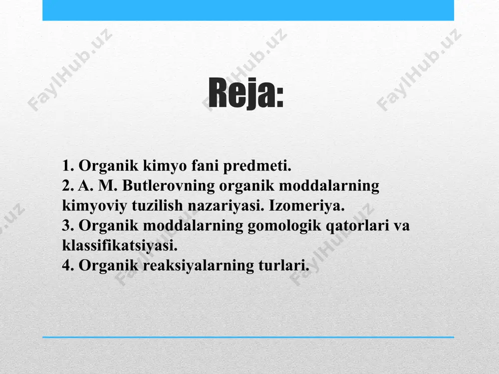idir (355,6 kj/mol). 4) organik birikmalarning o`ziga xos muhim xususiyati ular orasida izomeriya hodisasining keng tarqalganidir. 5) organik kimyoda odatda struktura formulalaridan foydalaniladi, chunki atomlar molekulada fazoviy joylashgan bo`ladi. struktura formulalari bu organik kimyoning tilidir. struktura formulalarida kovalent bog`lanish chiziqcha bilan belgilanadi. shu bilan birga empirik va elektron formulalardan ham foydalaniladi. 6) organik kimyoda oksidlanish darajasi tushunchasi o`rniga valentlik tushunchasi qo`llaniladi. c atomining qo`zg`algan holatdagi valentligi doimo to`rtga teng va u to`rtta kovalent bog`lanish hosil qiladi. e’tiboringiz uchun raxmat ! image2.png image3.png image4.png image5.png image6.png