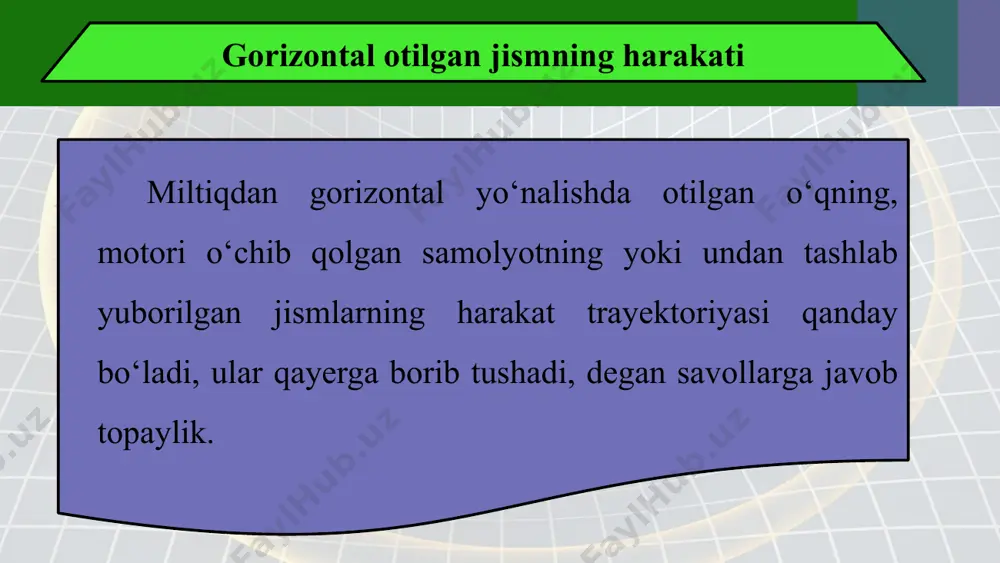 ushishini hisoblaylik. bunda t = 4 s deb olib, (1) formuladan har bir holat uchun s masofani topamiz: 1) υ0 = 5 m/s da s = 5 m/s · 4 s = 20 m; 2) υ0 = 10 m/s da s = 10 m/s · 4 s = 40 m; 3) υ0 = 15 m/s da s = 15 m/s · 4 s = 60 m; 4) υ0 = 20 m/s da s = 20 m/s · 4 s = 80 m. demak, gorizontal otilgan jism ikki xil harakatda ishtirok etadi, ya’ni gorizontal yo‘nalishda to‘g‘ri chiziqli o‘zgarmas tezlikdagi harakatini davom ettiradi hamda yerning tortish kuchi ta’sirida vertikal yo‘nalishda o‘zgaruvchan tezlikda erkin tushish tezlanishi bilan pastga erkin tushadi. bir vaqtda ham gorizontal, ham vertikal harakat qilayotgan jismning natijaviy tezligi vektorlarning yig‘indisi ko‘rinishida quyidagicha ifodalanadi: bunda υg – jismning gorizontal yo‘nalishdagi tezligi; υv – jismning vertikal yo‘nalishdagi tezligi. birinchi kosmik tezlik biz …