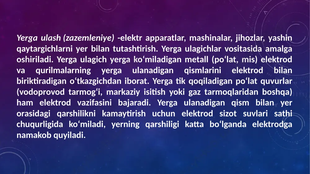 aalar) yerga ulanadi. yerga ulash qarshiligi o’zgaruvchan tok ko’prigi bilan o’lchanadi. foydalanilgan adabiyotlar oʻzme. birinchi jild. toshkent, 2000-yil; wikipedia,.org sayti; elektromexanika- berdivev u.t. pirmatov n.b; image2.png image3.png /docprops/thumbnail.jpeg
