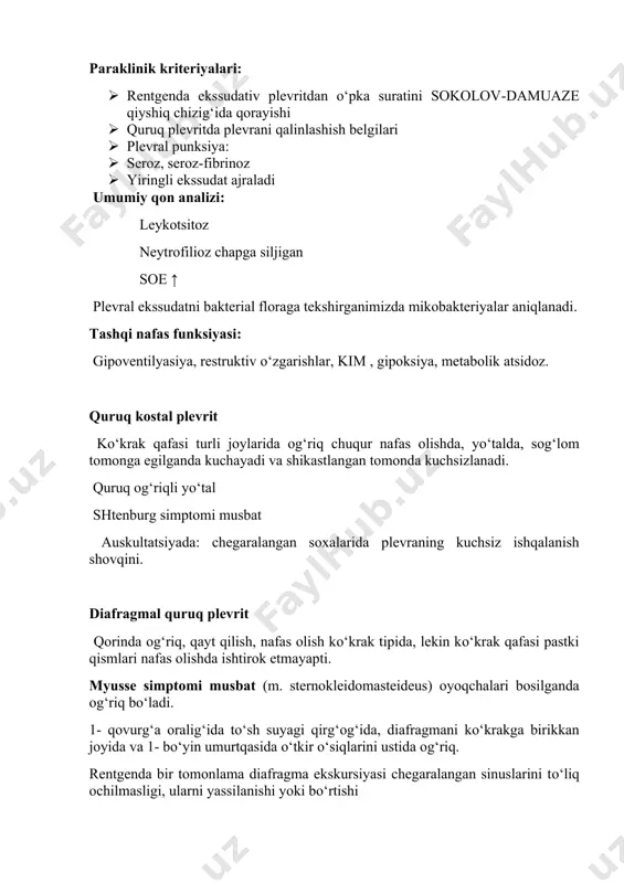 kskursiyasi chegaralangan sinuslarini to‘liq ochilmasligi, ularni yassilanishi yoki bo‘rtishi notekis diafragma sinuslar obliterasiyasi aniqlanadi. interlobar bo‘laklararo quruq plevrit o‘choqli pnevmoniya o‘tkazgandan so‘ng subfebril temparatura saqlanib turadi. kurak burchagidan qo‘ltiq osti soxaga qarab perkutor toni qiskarishi. rentgenda interlobar shvards aniqlanadi. seroz plevrit t baland qaltirash bosh og‘rig‘i quruq qiso‘a va og‘riqli yo‘tal yon soxalarda og‘riq xansirash okarish bo‘shashish ishtaxa pasayishi xuver simptomi musbat (ko‘krak qafasini zararlangan tomonda xajmi kattalashishi va nafas olishda ortda qolishi) perkussiyada o‘pka tonini to‘mtoqlashashishi, ovoz dirillashini susayishi, nafas susayishi. botsiella simptomi (+) kasal tomonda afoniya karpus simptomi musbat, bemor “u” desa “a” eshitiladi agar ikkilansa punksiya qilinadi (axvoli og‘ir, xarorat yukori, periferik qonda yiringli manzara) plevral punksiya: plevra bo‘shlig‘iga suyuqlik to‘planganda bemorning kasal tomoni bo‘rtib chiqqan xamda uning nafasda orqada qolayotgani, kovurg‘alar orasiiing tekislashganligi aniqlanadi. punksiya asosan operatsion steril xonada yoki bog‘lov xonasida o‘tkaziladi. bemor stulga qo‘llarini yuqoriga ko‘tarib chalishtirib o‘tiradi. punksiya soxasi 70 % spirt bilan …