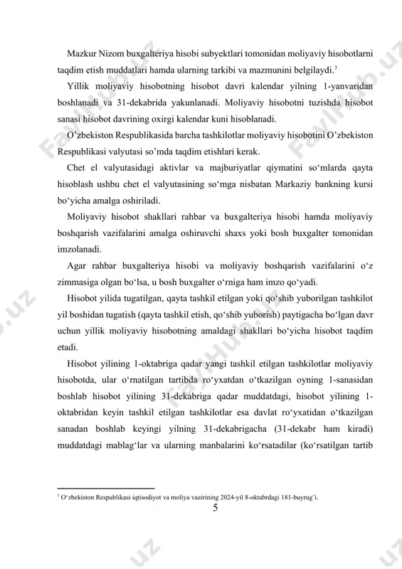 r shakllarini to‘ldirishda ularning to‘liq to‘ldirilishi va kiritilgan ma’lumotlarning ishonchliligi ta’minlanishi lozim. moliyaviy hisobotni mhxsga muvofiq tayyorlaydigan tashkilotlar mazkur nizom bilan taqdim qilinishi belgilangan moliyaviy hisobotlardan tashqari e’lon qiladigan moliyaviy hisobotlar shakllarini, ularni taqdim etish tartibi va usullarini hisob siyosati bilan belgilashi mumkin.[footnoteref:4] [4: o‘zbekiston respublikasi iqtisodiyot va moliya vazirining 2024-yil 8-oktabrdagi 181-buyrug’i.] xo’jalik yurituvchi subyektlarning yillik moliyaviy hisoboti qiziquvchi banklar, birjalar, investorlar, kreditorlar va boshqalar uchun ochiq hisoblanadi. aksiyadorlik jamiyatlari, sug’urta kompaniyalari, banklar, fond va tovar birjalari, investitsiya fondlari va boshqa moliyaviy muassasalar, hisobotda keltirilgan ma’lumotlar to'g'riligini auditorlar tomonidan tasdiqlangandan so'ng, yillik moliyaviy hisobotini hisobot yilidan keyingi yilning birinchi mayigacha, albatta, matbuotda e’lon qilinishi kerak. xo'jalik yurituvchi subyekt tugatilganda, tugatish bo'yicha moliyaviy hisobot tuzadi. korxonaning tugatilishi bo'yicha muomalalarning buxgalteriya hisobi, tugatish balansi va hisobotini tuzish, aktivlar qiymatini aniqlash ishlari tugatish komissiyasiga yuklatiladi. qarzlar va zararlar tugatish balansiga qobshiimaydi. tugatish balansida majburiyatlar ularning qaytarish vaqtiga hisoblangan foizlar bilan birga aks …