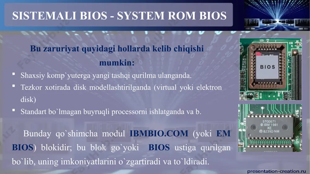 a keltirish; testlash, ya’ni mashinada butlikni hamda apparatura va dasturli resurslarning ishga layoqatliligini tekshirish (processor, xotira, drayverlar va b.); biosning vazifalari operacion tizimni initsiallashtirish, ya’ni tizimli diskdan ot ning yuklovchisini o’qish; xizmat ko’rsatish jarayonlarini va tashqi qurilmalar bilan amallarni bajaruvchi quyi darajali dasturli va apparatli uzulishlarni qayta ishlash; shk ning standart kiritish-chiqarish qurilmalarini boshqarish. shk ning tashqi qurilmalarini boshqarish drayverlar deb ataluvchi maxsus dasturlar yordamida amalga oshiriladi. dastlabki yuklanish - bootstrap odatda oddiygina yuklovchi deb ataladigan bu modul tezkor xotiraga dos ning ushbu ikkita faylini o’qish uchun mo’ljallangan: bios kengaytirmaning ibmbio.com moduli (yoki em bios) va uzulishlarni qayta ishlash moduli. yuklovchi har bir formatlangan diskda 0-yo’lakning 0-tomonida 1-sektorda joylashadi. yuklovchining hajmi 512 bayt, ya’ni bu uncha katta bo’lmagan dastur. yuklovchi boshlanishida bios to’g’risida (firma-tayyorlovchi nomi va tizimning sana-versiyasi) va diskdagi yozuvlarning strukturasi to’g’risida (disk formati, diskdagi va klasterdagi sektorlar soni, fayllarni joylashtirish jadvallari soni va b.) xizmat ma’lumoti joylashtiriladi, keyin …