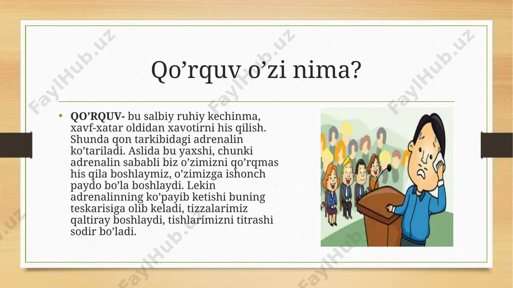 ting. auditoriyaning qiziqishlaridan gapiring. auditoriyaning o’zi haqida gapiring, misolaringiz auditoriyada o’tirgan insonlar uchun tanish bo’lsa yanada yaxshiroq. nutqingiz so’ngida auditoriyani maqtab qo’yishni unutmang. misol uchun: sizlar ajoyib tinglovchi ekansizlar, nutqim paytida hech kim halaqit bermadi, rohatlanib so’zladim, rahmat! shunda sizning chiqishingiz esda qolarli, hayratga soluvchi va kuchli ta’sirga ega bo’ladi! e’tiborigiz uchun rahmat! image5.png image6.png image7.jfif image8.jfif image9.png image10.jpg image11.jfif image12.jfif image13.jfif image14.jpeg image15.jpeg image3.png image4.png