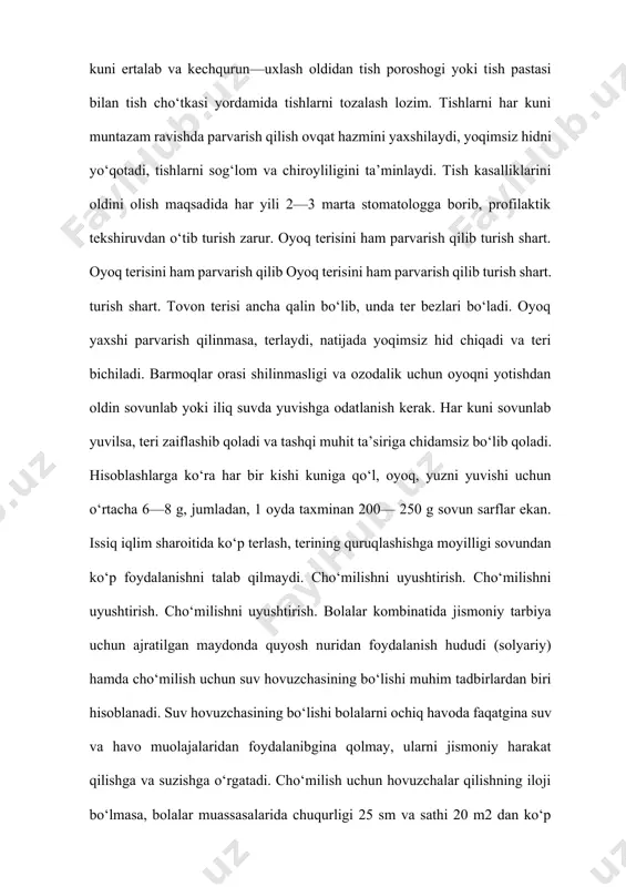 qoladi va tashqi muhit ta’siriga chidamsiz bo‘lib qoladi. hisoblashlarga ko‘ra har bir kishi kuniga qo‘l, oyoq, yuzni yuvishi uchun o‘rtacha 6—8 g, jumladan, 1 oyda taxminan 200— 250 g sovun sarflar ekan. issiq iqlim sharoitida ko‘p terlash, terining quruqlashishga moyilligi sovundan ko‘p foydalanishni talab qilmaydi. cho‘milishni uyushtirish. cho‘milishni uyushtirish. cho‘milishni uyushtirish. bolalar kombinatida jismoniy tarbiya uchun ajratilgan maydonda quyosh nuridan foydalanish hududi (solyariy) hamda cho‘milish uchun suv hovuzchasining bo‘lishi muhim tadbirlardan biri hisoblanadi. suv hovuzchasining bo‘lishi bolalarni ochiq havoda faqatgina suv va havo muolajalaridan foydalanibgina qolmay, ularni jismoniy harakat qilishga va suzishga o‘rgatadi. cho‘milish uchun hovuzchalar qilishning iloji bo‘lmasa, bolalar muassasalarida chuqurligi 25 sm va sathi 20 m2 dan ko‘p www.ziyouz.com kutubxonasi 185 bo‘lmagan hovuzcha o‘rtasida favvora o‘rnatiladi. bunday hovuzchalarda bolalar suvda suzuvchi o‘yinchoqlar bilan har xil o‘yinlar o‘ynashadi. suvda uyushtirilgan bunday o‘yinlar ularning jismoniy rivojlanishida muhim ahamiyatga ega. cho‘milish suzish tufayli organizmda moddalar almashinuvi jadallashadi. suzish uyqusizlikka va u …