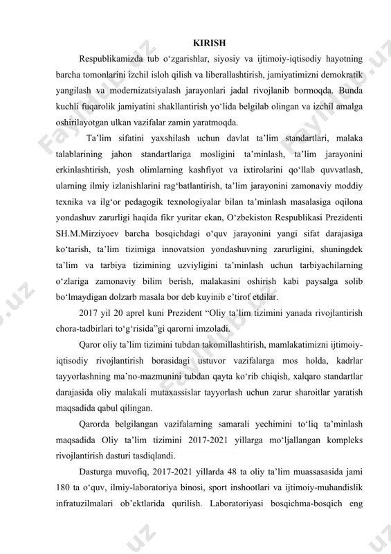 ashdan iborat bo‘lib, bugungi kun o‘qituvchisidan tinmay ijodiy izlanish, yuksak pedagogik mahorat, o‘qish va o‘qitishga yangicha munosabatni, fidoyilikni talab qiladi. mamlakatimizning eng ilg‘or ziyolisi, eng ishonchli “ma’rifatparvari” deb e’zozlanayotgan o‘qituvchilar buni nihoyatda chuqur xis etishi buyuk bobokalonlarimiz yaratgan minglab asarlarni, noyob qurilmalar va javohirdek milliy merosimizni yosh avlod ongiga chuqur singdirishdek, barkamol va bilimdon yoshlarni tarbiyalashdek, vatan taraqqiyotiga ulkan xissa qo‘shishdek bu oliyjanob ishni o‘zlarining muqaddas burchi, yuksak ma’naviyati deb bilmog‘i darkor. uzluksiz ta’lim tizimining barcha bo‘g‘inlarida o‘quvchi va talabalarga chuqur bilim berishda noan’anaviy metodlardan unumli foydalanish, yangi pedagogik va axborot texnologiyalarini faol tatbiq etish, fanlarni o‘qitishda nazariy masalalarni amaliyotga tatbiq etishga alohida ahamiyat berilmoqda. insoniyat tarixining ko‘p asrlik tajribasi ezgu g‘oyalardan va sog‘lom mafkuradan mahrum biron-bir jamiyatning uzoqqa bora olmasligini ko‘rsatdi. shu bois, mustaqillik tufayli mamlakatimiz o‘z oldiga ozod va obod vatan, erkin va farovon hayot barpo etish, rivojlangan mamlakatlar qatoridan o‘rin olish, demokratik jamiyat qurish kabi ezgu maqsadlarni …