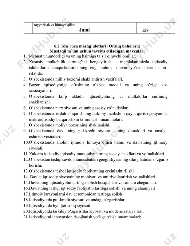 58 6.2. ma’ruza mashg’ulotlari (oraliq baholash) mustaqil ta’lim uchun tavsiya etiladigan mavzular: 1. mehnat unumdorligi va uning hajmiga ta’sir qiluvchi omillar. 2. xususiy mulkchilik tarmog’ini kengaytirish – mamlakatimizda iqtisodiy islohotlarni chuqurlashtirishning eng muhim ustuvor yo’nalishlaridan biri sifatida. 3. o’zbekistonda milliy bozorni shakllantirish vazifalari. 4. bozor iqtisodiyotiga o’tishning o’zbek modeli va uning o’ziga xos xususiyatlari. 5. o’zbekistonda ko’p ukladli iqtisodiyotning va mulkdorlar sinfining shakllanishi. 6. o’zbekistonda narx siyosati va uning asosiy yo’nalishlari. 7. o’zbekistonda ishlab chiqarishning tarkibiy tuzilishini qayta qurish jarayonida makroiqtisodiy barqarorlikni ta’minlash muammolari. 8. o’zbekistonda moliya bozorining shakllanishi. 9. o’zbekistonda davlatning pul-kredit siyosati, uning dastaklari va amalga oshirish vositalari. 10. o’zbekistonda aholini ijtimoiy himoya qilish tizimi va davlatning ijtimoiy siyosati. 11. xalqaro iqtisodiy iqtisodiy munosabatlarning asosiy shakllari va yo’nalishlari. 12. o’zbekiston tashqi savdo munosabatlari geografiyasining sifat jihatidan o’zgarib borishi. 13. o’zbekistonda tashqi iqtisodiy faoliyatning erkinlashtirilishi. 14. davlat iqtisodiy siyosatining mohiyati va uni rivojlantirish yо‘nalishlari. 15. davlatning iqtisodiyotni tartibga solish …