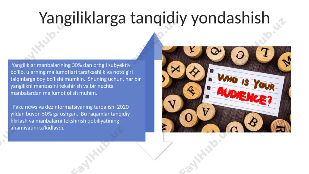 onchliligi oav savodxonligi orqali baholanadi; 70% dan ortiq ommaviy axborot vositalarining xolisligi va ishonchliligini tekshirishga yordam beradi, shuningdek, axborotning manbasini aniqlashga imkon beradi. e'tiboringiz uchun rahmat @taqdimot_robot image4.jpg image5.jpg image6.jpg image7.jpg image8.jpg image9.jpg image10.jpg image11.jpg image12.jpg image13.jpg image14.jpg image15.jpg image16.jpg image17.jpg image1.jpeg image2.jpeg