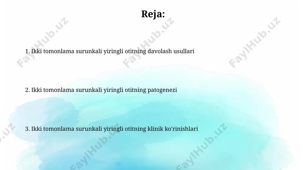 shli bolalar orasida koʻproq uchraydi va ogʻir eshitish qobiliyatining pasayishiga olib kelishi mumkin. antibiotik terapiyasi tsiprofloksatsin va amoksitsillin kabi keng spektrli antibiotiklar, o'zbekistonning shifoxonalarida keng qo'llaniladi, ammo bakteriyalar rezistentligi tufayli 30% hollarda muvaffaqiyatsiz bo'lishi mumkin. bolalarda bilateral surunkali yiringli otitni davolashda, 20 mg/kg dan yuqori dozalarni qo'llash samarqanddagi pediatrlar tomonidan tavsiya etilmaydi, chunki bu yon ta'sirlar xavfini oshiradi. og'riqni boshqarish og'riqni boshqarishda 5-10 mg/kg dozali paratsetamol, shuningdek, 0,5-1 mg/kg dozali ibuprofen, bolalarda qo'llanilishi mumkin, ammo samarqanddagi shifoxonalarda bu preparatlarning yetarli darajada mavjudligi muhim ahamiyatga ega. og'riq kuchli bo'lsa, opioid analjeziklar, masalan, tramadol (50-100mg, 4-6 soatdan keyin), andijon viloyatida tez-tez buyuriladigan usul hisoblanadi, biroq uning yon ta'sirlari hisobga olinishi zarur. konservativ davolash quloq tomchilari, masalan, ofloxacin yoki ciprofloxacin, kuniga 3-4 marta 2 tomchi, yallig'lanishni kamaytirish va bakteriyalarni yo'q qilish uchun samarali hisoblanadi, ammo davolanish kursi kamida 10 kun davom etishi kerak, samarqand viloyatining tibbiyot muassasalarida ham qo'llaniladi. surunkali yiringli otitning konservativ …