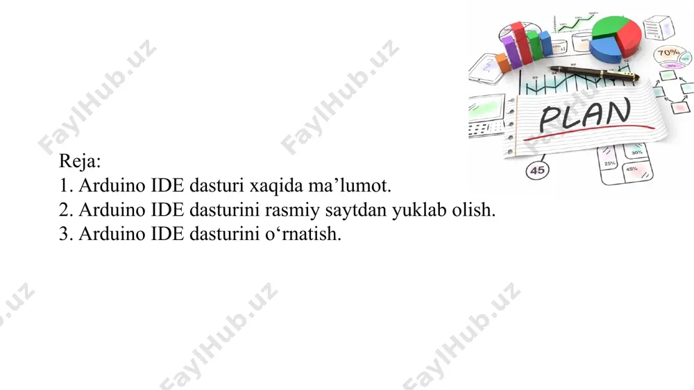 ish" bandini tanlab), keyin arxivdan kompyuterning istalgan joyiga oching. keyingi "arduino ide -ni o‘rnatish" bo‘limi siz uchun emas, chunki siz dasturni o‘rnatishingiz shart emas, "arduino ide -ni ishga tushirish" bo‘limiga o‘ting. arduino ide -da ishlashni boshlash uchun arxivni ochgan joydan "arduino.exe" faylini ishga tushirish kerak. agar siz o‘rnatish faylini yuklagan bo‘lsangiz (yuklab olsangiz) (birinchi qadamda "windows installer" bandini tanlab), keyingi bo‘limdagi "arduino ide -ni o‘rnatish" ko‘rsatmalariga amal qiling. arduino ide -ni o‘rnatish: o‘rnatish faylini ishga tushiring. papkadan: "bu kompyuter> yuklamalar" (fayl nomidagi x.x.x belgisi o‘rniga sizda arduino ide versiya raqamlari bo‘ladi). bundan tashqari, quyidagi xabarlar ketma -ket paydo bo‘ladi: 1 xabar: sizni litsenziya shartnomasi bilan tanishtiradi, "i agree" tugmasini bosing, 2 ta xabar paydo bo‘ladi. 2 -xabar: o‘rnatish komponentlarini tanlashingizni so‘raydi, "next" tugmasini bosing, 3 -xabar paydo bo‘ladi. 3 -xabar: arduino ide ni o‘rnatish yo‘lini tanlashingizni so‘raydi, "install" tugmasini bosing, 4 -xabar paydo bo‘ladi. 4 -xabar: sizga arduino ide -ni …
