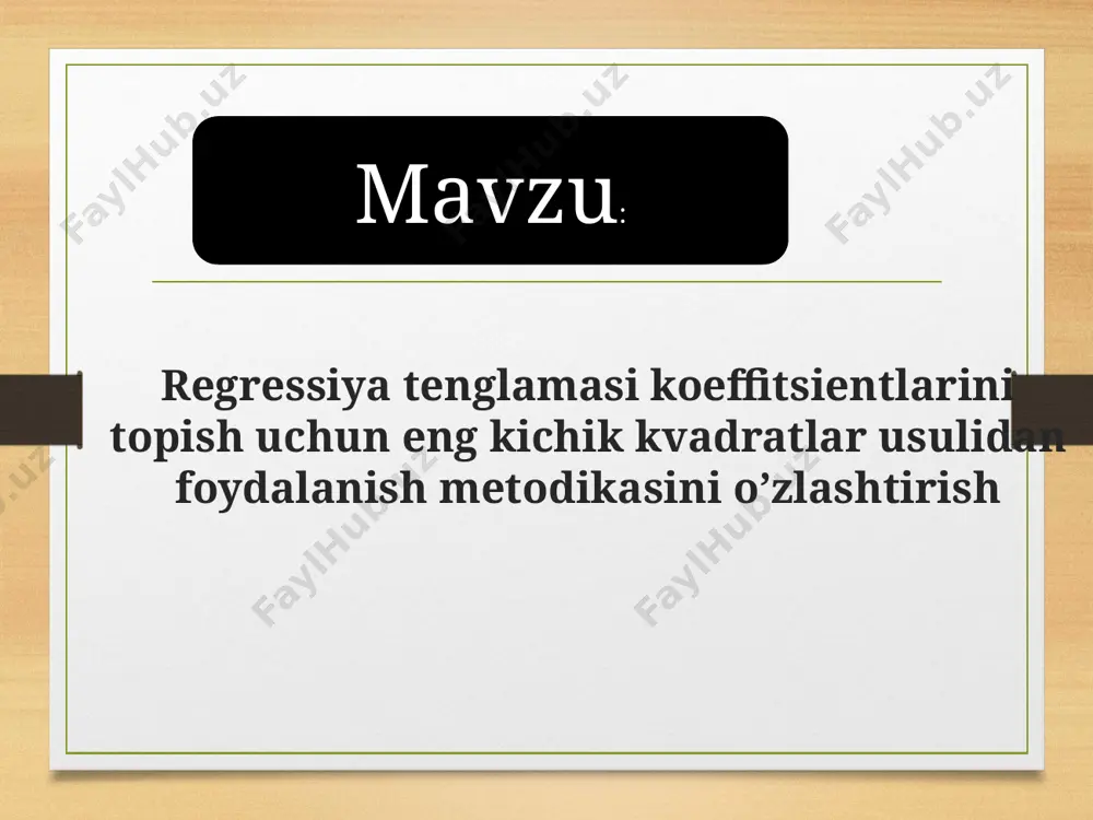 z. bu chiziq ko‘rinishiga qarab, regressiya tenglamasini tanlab olish mumkin, u = f (x ) regressiya tenglamasi parametrlarini aniqlash ko‘p o‘zgaruvchilik funksiyaning minimumini aniqlashga borib taqaladi. agar, u =f ( x;bo;b1;b2;....) funksiyadan hosila olish mumkin bo‘lsa, b,b,b,...,b larni qiymatlarini shunday tanlansinki, unda quyidagi shart bajarilsin, ya’ni, b,b,b,...,b larning shunday qiymatlarini topish kerakki, unda f(bo;b1;b2) funksiya minimumga intilsin. bu funksiyaning f(bo;b1;b2) minimumga intilish sharti, quyidagi shartni bajarilishidir (funksiya ekstremumi borligining zaruriy sharti), ushbu tenglamalar tizimsida nechta noma’lum koeffitsient bo‘lsa, shuncha tenglamalardan tashkil topgan. bu matematik statistikada normal tenglamalar tizimsi deyiladi. bu tenglamalar tizimsini funksiyaning umumiy ko‘rinishi uchun yechib bo‘lmaydi. buning uchun funksiyaning konkret ko‘rinishini tanlab turib masalani yechish kerak. staxostik jarayonlarni matematik modellashtirishda, odatda eksperimental statistik modellashtirish usuli qo‘llaniladi . bunda texnologik jarayonning matematik modelini tuzishda , shu ob’ektda olingan tajriba natijalaridan foydalaniladi. chiziqli regressiya-qandaydir texnologik jarayonning matematik ifodasini tuzish kerak bo‘lsin ( 2 - rasm). тж х y bu texnologik …