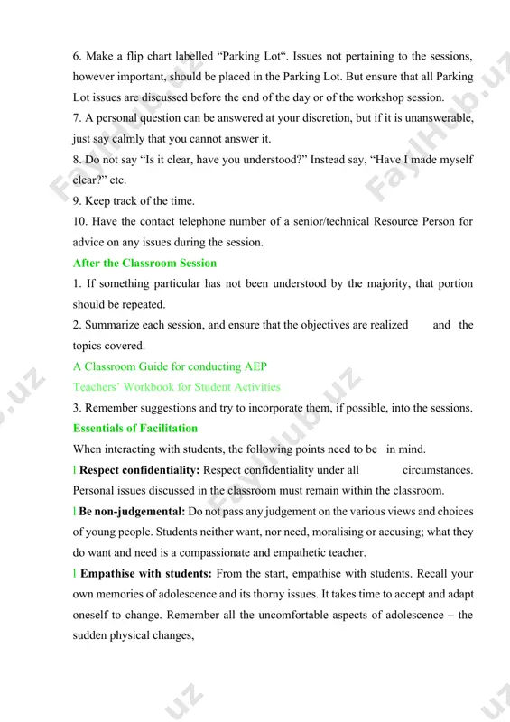 his student more actively in the process. l yawning. l staring off into space. l shuffling feet. l leaning back in chair. l looking at the clock. l boredom. l fatigue. l disinterest. l take a break. l speed up the process. l review the group’s goals. l introduce a new method or procedure. l talk with this student privately. l frowning. l scratching head. l confusion. l disagreement l ask this person about areas of confusion. l pressing lips. l staring off into space. l avoiding eye contact. l suppression of feelings. l give a new explanation. l ask this student about areas of confusion and provide clarification l talk with this student privately do’s and don’ts of good facilitation do’s don’ts l position yourself to face the entire group. l smile at individuals. l listen carefully while they talk. l maintain eye contact. l nod affirmatively, be positive. …