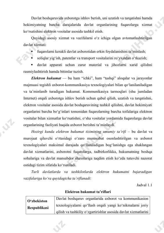 takomillashtirishga qaratilgan tizim. koreya respublikasi davlat va hukumat organlarini boshqarish vazifalarini samarali bajarilishini ta’minlovchi boshqaruv tashkiloti va fuqarolar o‘rtasidagi o‘zaro aloqa tizimi. amerika qo‘shma shtatlari (aqsh) xalq – hukumat tizimini yaratish, axborot va xizmatlardan foydalanishni ta’minlash, shuningdek davlat boshqaruvi samaradorligini oshirish va davlat xizmatlaridan unumli foydalanish uchun axborot texnologiyalarini qo‘llanilash. birlashgan millatlar tashkiloti (bmt) elektron hukumat fuqarolarga davlat organlari tomonidan axborot va xizmatlarini etkazib berish uchun internet foydalanish deb ta’riflangan. hukumat va xalq o‘rtasidagi o‘zaro munosabatlarni yaxshilash maqsadida xalq va davlatga axborotni hamda xizmatlarni taqdim etish uchun internetdan foydalanish tizimi. jahon banki elektron hukumat davlat organlari axborot texnologiyalaridan foydalanib fuqarolar, tadbirkorlik sub’yektlari va boshqa davlat organlari o‘rtasidagi o‘zaro munosabatlarni yaxshilashni nazarda tutadi. ushbu texnologiyalar turli maqsadlarga xizmat qilishi mumkin: fuqarolarga davlat xizmatlarini yaxshiroq etkazib berish, biznes va ishlab chiqarish bilan o‘zaro muloqotni takomillashtirish, kerakli ma’lumotlarni olish orqali fuqaro huquq va imkoniyatlarini kengaytirish, yoki yanada samarali davlat boshqaruvini amalga oshirish. iqtisodiy …