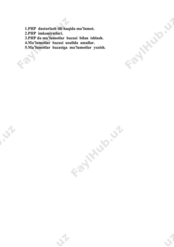 ozirgi kunda deyarli barcha hosting provayderlar mazkur tilni qo’llab quvvatlaydi. odatda, php ma’lumotlar bazasi bilan ishlatiladi . php gnu gpl litsenziyasi orqali tekin tarqatialdi. php dasturlash tili orqali siz dinamik web saytlar dasturlar boshqaruv tizimlari shunga o’xshash narsalarni tuzsangiz bo’ladi . html orqali o’zgarmas saytlar tuzilsa php orqali o’zgaruvchan mukammal saytlar tuzishingiz mumkin. turli komplyatorlar orqali mobill hamda kompyuter dasturlarini tuzsa ham boladi. 2.php imkoniyatlari > - degan edi uning yaratuvchisi. birinchi navbatda php tili server tomonidan bajariladigan skriptlar yaratish uchun foydalaniladi va aynan shuning uchun u yartilgan. php tili ixtiyoriy cgi-skriptlari masalalarini yechishga va bundan tashqari html formali maluymotlarni qayta ishlashga hamda dinamikk ravisha html sahifalarini ishlab chiqishga qodir. biroq php tili foydalaniladigan boshqa sohalar ham mavjud. bu sohalarni biz 3-asosiy qismga bolamiz: 1-soha biz yuqorida aytib otganimizdek server tomonidan bajariladigan ilovalar (skriptlar) yaratish. php tili bunday turdagi skriptlarni yaratish uchun juda keng qollaniladi. bunday ish korsatish uchun php …