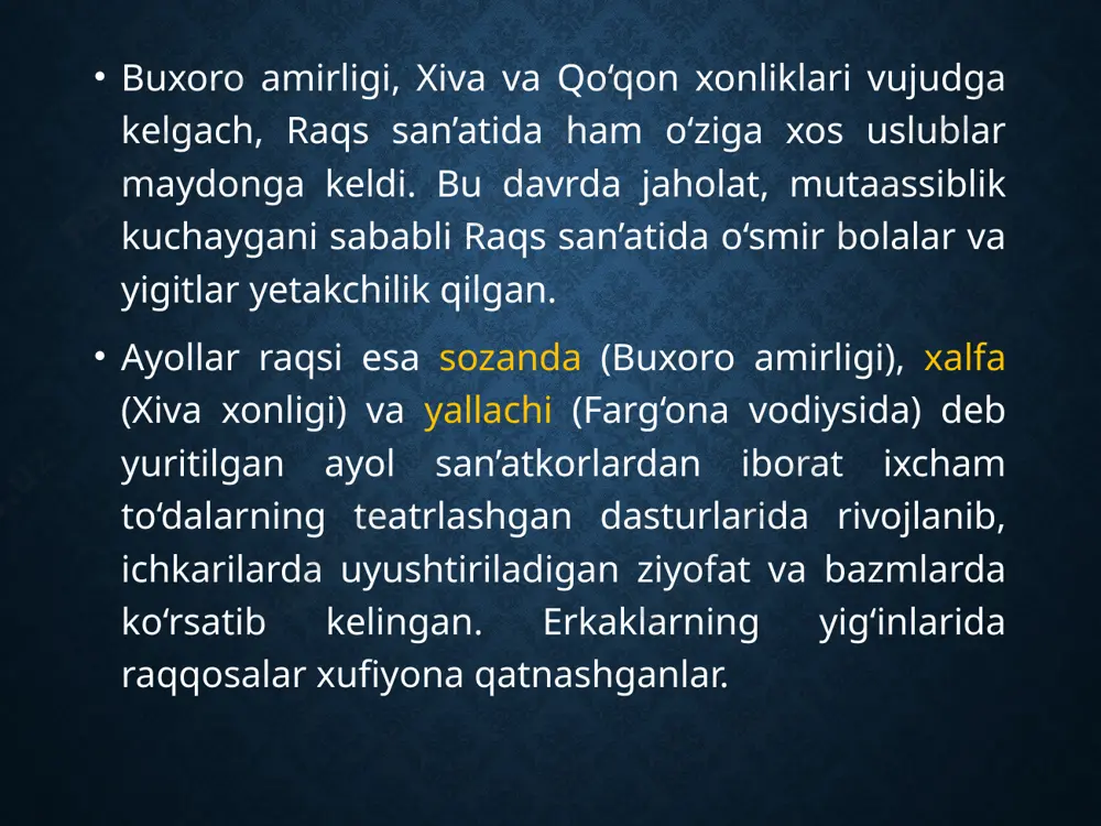 n, keng yoyilgan ommaviy va sevimli san’at turi bo‘lib kelgan. u shakl, saviya va vositalar jihatidan yaqin sharq mamlakatlaridagi teatrlarga o‘xshab ketadi. o‘z ijodiy-estetik tamoyillariga va mehnatkashlar ommasi manfaatlariga xizmat qilishiga ko‘ra uni xalq teatri yoki an’anaviy teatr deb atash mumkin. viii asr oxiri, xix asr hamda xx asr boshlarida o‘zbekistondagi har qaysi xonlik hududida o‘ziga xos xalq teatri bo‘lgan. xonliklardagi o‘ziga xos tarixiy va ijtimoiy-siyosiy hayot, xalq mehnati va jug‘rofiy sharoitning o‘ziga xosligi, mahalliy an’analar teatrlarga alohida xususiyat, alohida mazmun, alohida jilo bag‘ishlagan. natijada ayrim belgi va ko‘rinishlari bilan bir-biridan ajralib, farq qilib turuvchi buxoro, farg‘ona va xorazm xalq teatrlari maydonga kelgan. bunday ayirma va o‘ziga xoslik umuman xalq san’atining barcha turlarida, jumladan raqs va musiqada yaqqol ko‘rinib turadi. an’anaviy teatr uch toifa sahnaviy tomoshalardan iborat: biri – kulgi teatri, ikkinchisi – qo‘g‘irchoq teatri, uchinchisi – hikoya teatridir. kulgi teatri deganda taqlid, masxara, zarofat tushuniladi. ularning negizini kulgi, ya’ni …