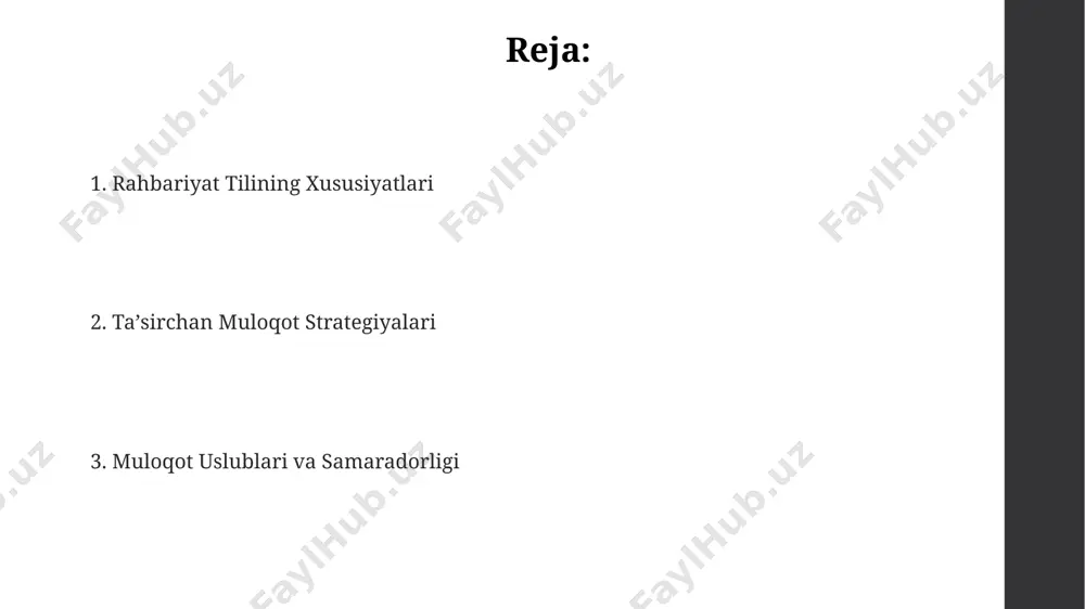 lishi mumkin. muammoni hal qilishda aniq va tushunarli til, taxminan 20% muvaffaqiyatga hissa qo'shadi, qolgan 80% esa samarali strategiya va amaliy harakatlarga bog'liq. delegatsiya va muloqot samarali muloqot uchun 7/24 aloqa kanallaridan foydalanish va tezkor javob berish muhim bo'lib, ish samaradorligini 20% ga oshirishi mumkin. delegatsiya jarayonida kamida 3 ta muhim vazifani aniq belgilash va har bir vazifa bajaruvchisiga aniq ko'rsatmalar berish muhim, bu esa muvaffaqiyatli natijalarga olib keladi. muloqotning 55%i tananing tilini o'z ichiga oladi, shuning uchun jismoniy holat va mimikani nazorat qilish ishonchlilik va tushunishni oshirish uchun juda muhimdir. ijobiy va salbiy muloqot misollari salbiy muloqotda, masalan, “siz noto’g’ri” kabi 2 ta so’zli qisqa, keskin jumlalar muhitni keskinlashtiradi va nizolarga olib kelishi mumkin. ijobiy muloqotda 70% tinglash, 30% gapirish nisbati samarali muloqot uchun muhim, bu ishonch va o'zaro tushunishni kuchaytiradi. samarali muloqotning 5ta elementi (tinglash, tushunish, javob berish, baho berish, xulosa chiqarish) ijobiy natijalarga olib keladi, salbiy muloqot …