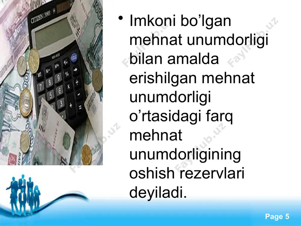 ish umumiy ijtimoiy mehnat unumdorligini o’sishiga ta’sir etadi. free powerpoint templates page ‹#› mehnatni tashkil etishni va ish kuchidan foydalanishni yangilash bilan bog’liq imkoniyatlar - ishlab chiqarishda brakni qiskartirish evaziga mahsulot birligiga sarflanadigan mehnatni kamaytirish; ish vaqtini ishchi va xizmatchilarning ishga chikmasligini qisqartirish xisobiga ish vaqtidan foydalanishni yaxshilash; normal mehnat sharoitining buzilishi natijasida sarflanadigan mehnatni bartaraf etish; mehnatni to’g’ri tashkil etish evaziga mahsulot ishlab chiqarish normasini bajarmaydigan ishchilar sonini kamaytirish; ilg’or ish tajribalarini qo’llash, ishchilarning malakasini oshirish, ishni yaxshi tashkil etish, ishlab chiqarishni boshqarish jarayonini takomillashtirish va tarkibini yaxshilash natijasida boshqarish xodimlarning sonini qisqartirish va boshqalar. free powerpoint templates page ‹#› image2.jpeg image3.jpeg image4.jpeg image5.jpeg image6.png image7.jpeg image1.jpeg
