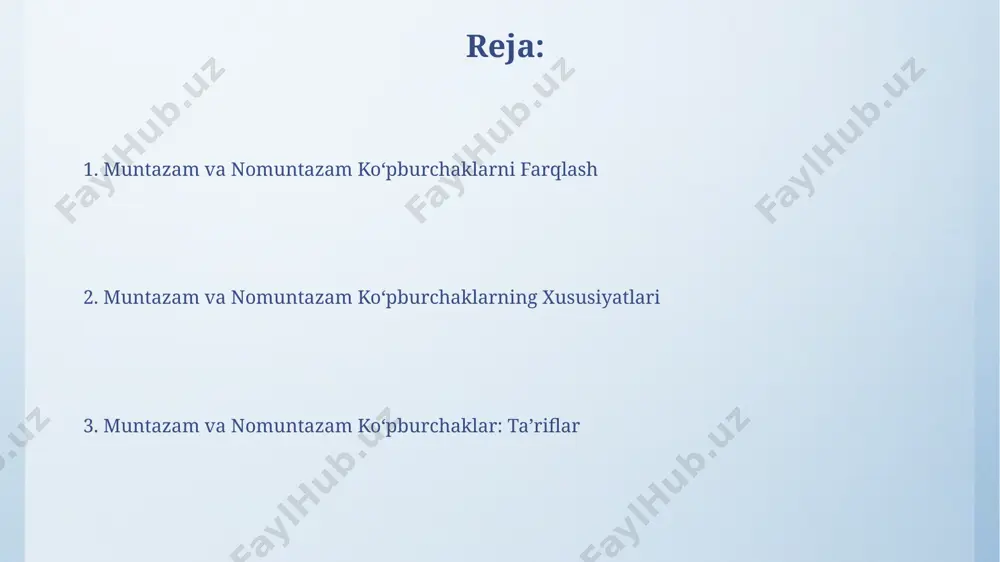 o'g'ri oltiburchakning oltita tomoni va oltita burchagi har xil o'lchamda bo'ladi. bu kabi ko'pburchaklarning yuzini aniqlash uchun, uni bir nechta uchburchakka ajratib, har birining yuzini alohida hisoblash mumkin. muntazam va noto'g'ri ko'pburchaklar o'rtasidagi farqlar noto'g'ri ko'pburchakning tomonlari turli uzunlikda bo'lishi mumkin, masalan, to'g'ri to'rtburchakda 2 ta bir xil uzunlikdagi tomon va boshqa 2 ta o'zga uzunlikdagi tomon bor, burchaklari ham turlicha bo'lishi mumkin. muntazam ko'pburchaklarning barcha tomonlari va burchaklari teng, masalan, kvadratda 4 ta teng tomon va 4 ta 90 graduslik burchak mavjud. noto'g'ri ko'pburchaklarda esa bu xususiyat yo'q. muntazam ko'pburchaklarning xususiyatlari muntazam ko'pburchakning barcha tomonlari teng uzunlikka ega, masalan, kvadratning 4 ta teng tomoni bor. har bir ichki burchagi ham o'zaro teng, oltiburchakning har bir burchagi 120 gradusga teng. muntazam ko'pburchakning har bir tashqi burchagi 360 gradusni tomonlar soniga bo'lish orqali topiladi. masalan, muntazam beshburchakning har bir tashqi burchagi 72 gradusga teng (360/5=72). e'tiboringiz uchun rahmat @taqdimot_robot image4.png image5.jpg …