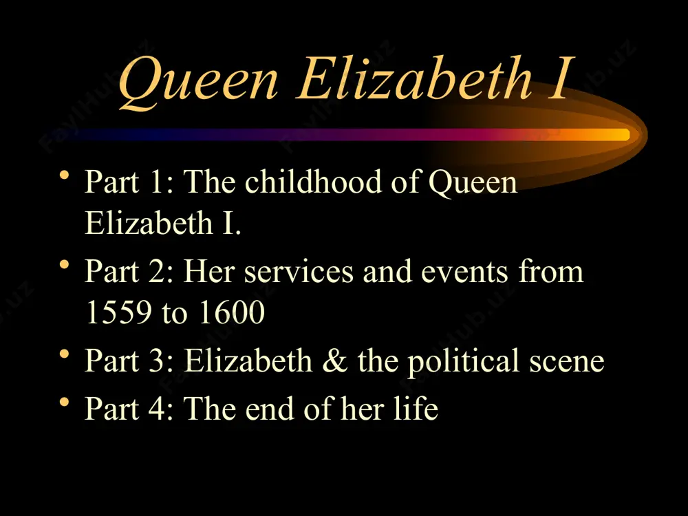 of the act of sovereignty and the act of uniformity, she tried to unite england in religion and domestic politics her services from 1586 to 1590 1587: the parliament executes maria stuart on february 8th in fotheringhay castle without queen elizabeth i knowing about it. 1588: the defeat of the “spanish armada” elizabeth was a master of political science . she showed great wisdom by getting round the decisions of the parliament , playing one off against another . the end of her life 1601: her “golden speech” which gave an overview of the great performances during her reign 1603: finally she died on march, 24th in richmond (london) queen elizabeth i service political dangerous island divorce allow invent influence hizmat qilish siyosiy havfli orol nikohdan ajralish ruhsat bermoq kashf qilmoq ta’sir ko’rsatish queen elizabeth i easy court execute invalidated marriage defeat overview performances qulay sud qatl etmoq yuridik kuchini …