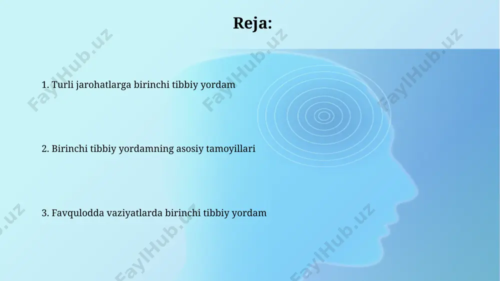 y yordam ko'rsatishda, avvalo, xavfsizlikka e'tibor qaratish kerak: 112 raqamiga qo'ng'iroq qilish, jarohatlangan kishini xavfsiz joyga o'tkazish va keyingina 5-10 minut ichida dastlabki yordamni boshlash muhim. favqulodda vaziyatlarda harakatlar samarqand viloyatida sodir bo'lgan yo'l-transport hodisasi oqibatida 3 kishi jarohat olgan bo'lsa, ularga birinchi tibbiy yordam ko'rsatishda nafas olish yo'llarini ochish va qon ketishini to'xtatish asosiy vazifalar hisoblanadi. favqulodda vaziyatlarda, masalan, toshkentdagi 5 balldan yuqori zilzilalardan keyin, birinchi navbatda xavfsiz joyga ko'chish va yaqinlaringiz bilan bog'lanish muhimdir, keyin esa jarohatlarni baholash kerak. qon ketishi qo'n ketishida, agar bemor 30 daqiqadan ko'proq hushidan ketgan bo'lsa, tezyordam xizmatini 103 raqamiga darhol qo'ng'iroq qilish va bemorni toshkent shahridagi eng yaqin shifoxonaga yotqizish kerak. qo'n ketishining sababini aniqlash uchun bemorning yoshi, jinsi, tibbiy tarixi va hodisa sodir bo'lgan joyi (masalan, uy, ish joyi yoki ko'chada) kabi 5 ta muhim omilni hisobga olish lozim. zaharlanish заҳарланишнинг 80% дан ортиқ ҳолатлари тошкент шаҳридаги хонадонларда рўй беради, бунинг …