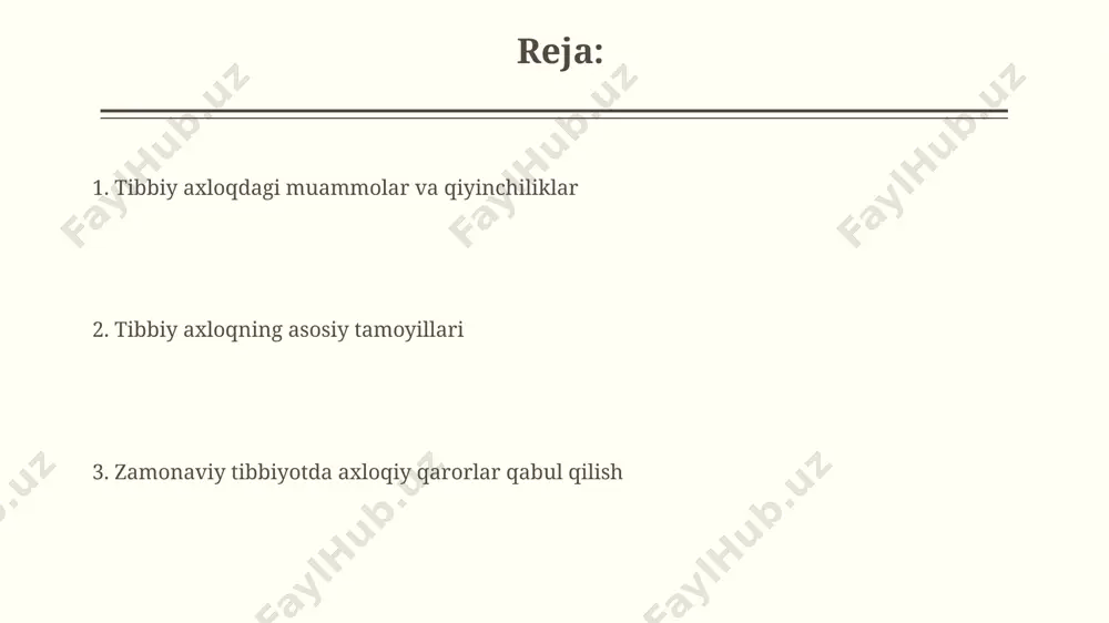 inatsiyani oldini olishga alohida e'tibor qaratilmoqda. adolat va tenglik sog‘liqni saqlash tizimida adolat va tenglikka erishish uchun 2023-yilda samarqand viloyatida 5 ta yangi klinikalar qurilishi rejalashtirilgan bo‘lib, bu aholining teng imkoniyatlarga ega bo‘lishini ta’minlaydi. adolat va tenglikka oid 1992-yildagi o‘zbekiston respublikasining konstitutsiyasi 24-moddasi inson huquqlari va erkinliklarining teng himoyalanishini kafolatlaydi. tibbiy xatolar va javobgarlik bemorlarning 30% dan ortig'i tibbiy xatolar tufayli toshkent shahridagi klinikalarda qo'shimcha davolanishga muhtoj bo'lib qolmoqda, bu esa davolash xarajatlarining 2-3 baravar oshishiga olib keladi. surxondaryo viloyatida 2022 yilda tibbiyot xodimlarining kasbiy mas'uliyatini sug'urta qilish bo'yicha 500 dan ortiq da'vo qabul qilingan, ulardan 15% i muvaffaqiyatli hal qilingan. tibbiy axloqning asosiy tamoyillari tibbiy axloqning asosiy tamoyillaridan biri bemorning avtonomiyasini hurmat qilish bo'lib, u bemorga 3 ta variantdan o'z davolash rejasi haqida qaror qabul qilish huquqini beradi, masalan, toshkentdagi shifoxonada. bemorning manfaatlarini birinchi o'ringa qo'yish, ya'ni 20 yoshli bemor uchun eng samarali va kam xavfli davolash usulini tanlash …