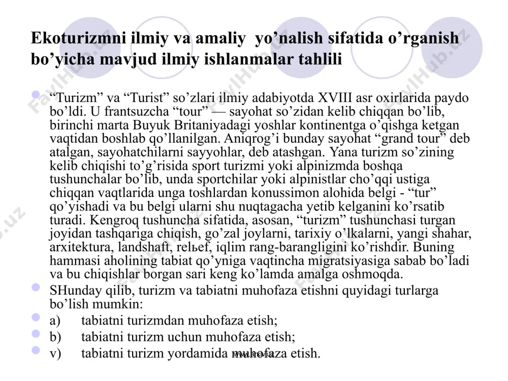 a (chegaralangan holda) 3. guruhlarning soni bo’yicha (katta va kichik) www.arxiv.uz 5 namangan viloyatining tabiati va ekoturistik imkoniyatlari namangan viloyati nafaqat o’zbekistonda, balki butun markaziy osiyo hududida takrorlanmas tabiiy manzaralarga egaligi bilan ajralib turadi. viloyat markaziy osiyoning “javohiri” hisoblangan farg’ona vodiysining shimoliy qismida joylashgan bo’lib, cho’zilgan to’rtburchakni eslatadi hamda g’arbdan sharqqa 130 km, shimoldan janubga 35 km.dan 80 km.ga qadar cho’zilgan. hududi 7,44 ming kv.km. o’zbekistonning farg’ona vodiysi viloyatlari o’rtasida hududi kattaligi jihatdan birinchi o’rinda turadi. shimol va shimoli-sharqdan qirg’iziston respublikasining jalolobod viloyati, shimoli-g’arb va g’arbdan toshkent viloyati va tojikiston respublikasining so’g’d viloyati, janub va janubi-sharqdan farg’ona viloyatining qo’qon guruhi tumanlari hamda andijon viloyati bilan chegaradosh. namangan viloyati hududida vertikal mintaqalar (tekislik-tog’) yaqqol ko’zga tashlanib turadi. yer yuzasi shimoldan janubga va g’arbdan sharqqa tomon pasayib boradi, dengiz sathidan zarkent – 880 m, kosonsoy – 790 m, uchqo’rg’on salkam – 500 m, namangan – 450 m, shahand – 400 m, jomashuy …