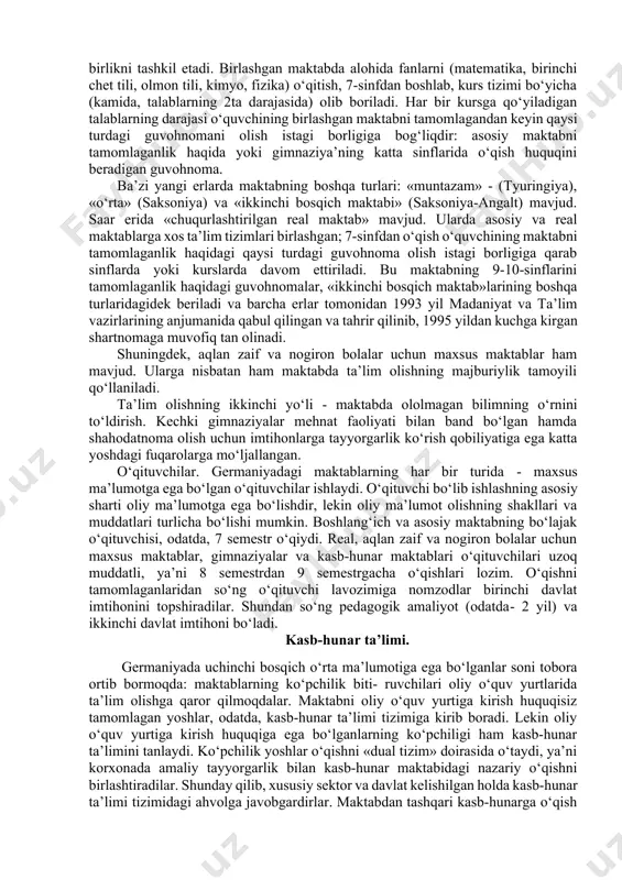 chilik hollarda kasb-hunar ta’limining ideal tizimiga o‘tishga imkoniyat yaratadi. real maktab asosiy maktab bilan gimnaziya orasidagi oraliqda joylashgan bo‘lib, u o‘quvchilarga kengaytirilgan umumiy ta’lim beradi. odatda, bu yerda o‘qish 6 yil davom etadi - 5-sinfdan 10-sinfgacha - va boshqa o‘quv yurtlarida va texnikumlarda o‘qishni davom etgirishga huquq beradigan o‘rta ma’lumot haqida guvohnoma beradi. jumladan, 1998 yili o‘quvchilarning taxminan 40 foizi real maktabni tamomlaganlik haqida guvohnoma oldilar. gimnaziyada o‘qish, odatda, taxminan 9 yilga mo‘ljallangan bo‘lib, o‘quvchilarga chuqurlashtirilgan umumiy ma’lumot beradi. hozirda gimnaziyalarning ilgari mavjud bo‘lgan qadimgi tillar, yangi tillar, matematika va tabiiy fanlar ixtisosliklari bo‘yicha bo‘linishi deyarli saqlanmagan. gimnaziya’ning yuqori sinflarida (11-dan 1z-gacha, erlarning to‘rttasida 10-dan 12-gacha va shunga muvofiq 11-dan 12-gacha) kurs bo‘yicha o‘qish shakli odatdagi sinflarga bo‘lib o‘qitish o‘rniga joriy etilgan. ba’zi fanlar va fan majmualarini o‘qish majburiy bo‘lib qolishiga qaramay, sinf o‘quvchisi ta’lim sohasida o‘zining individual qobiliyatlarini rivojlantirish uchun keng imkoniyatlarga ega, chunki unga teng ko‘lamdagi fanlar taklif …
