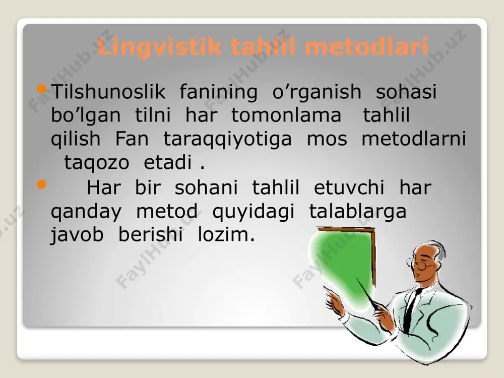 osiy metod qiyosiy – tarixiy tilshunoslik asoslanadigan birlamchi metod hisoblanadi .bu metod dunyo tillarining rang – barangligi , ular o’rtasidagi o’xshash va farqli jihatlarni qiyoslash asnosida shakllandi . ushbu metod quyidagi masalalarni hal etadi : 1 . tillarning o’ziga xos xususiyatlarini va boshqa tillar bilan o’xshash jihatlarini qiyoslash natijasida ularni qarindosh yki qarindosh emasligini aniqlash . 2 . qarindosh deb topilgan tillarni o’zaro qiyoslab o’rganib , ular uchun umumiy bo’lgan ginetik asosni aniqlash ; bu taxlit o’rganishda retrospektiv qiyoslash usulidan foydalanish . bunda tillarning hozirgi holatini qiyoslashdan tarixiy ko’rinishlariga qarab boriladi 3 . tillarning tadrijiy taraqqiyoti o’rganiladi , ya’ni tilning hozirgi holatigacha bo’lgan taraqqiyot yo’lini qiyosan tahlil qilish mumkin . bunday qiyoslash prospektiv qiyoslash deyiladi . bunda tarixiy yozma yodgorliklar boshlang’ich manba sifatida xizmat qiladi . tarixiy-qiyosiy metod substitutsiya-metodi , almashtirish usuliga asoslanadi . nutqdagi ma’lum bir o’rinda turgan til birliklari va boshqa muqobili bilan almashtirilib , hosil bo’lgan uslubiy …