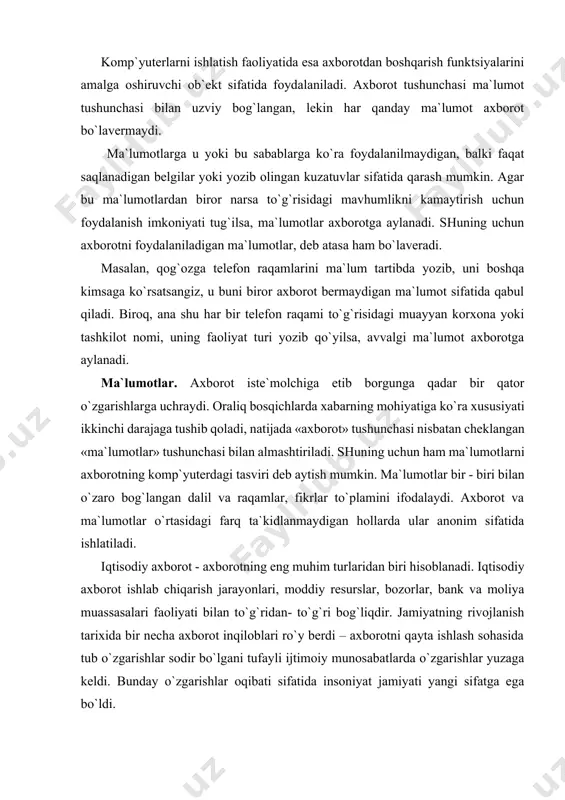 ilan bog`liq axborot sanoatini oldingi safga olib chiqdi. axborot texnologiyalari, ayniqsa, telekommunikatsiyalarning barcha turlari axborot sanoatini eng muhim tarkibiy qismlaridir. zamonaviy axborot texnologiyasi komp`yuter texnikasi va aloqa vositalari sohasidagi yutuqlarga tayanadi. axborot texnologiyasi (at) ob`ekt, jarayon yoki hodisaning holati haqida yangi sifat axboroti olish uchun ma`lumotlar yig`ish, qayta ishlash va uzatish (boshlang`ich axborot) vosita va uslublari jamlanmasidan foydalanadigan jarayondir. telekommunikatsiya komp`yuter tarmoqlari va zamonaviy texnik aloqa vositalari negizida ma`lumotlarni masofadan uzatishdir. axborot jamiyatning moddiy va texnologik negizini komp`yuter texnikasi va komp`yuter tarmoqlari, axborot texnologiyalari, telekommunikatsiya aloqalari asosidagi turli xil tizimlar tashkil etadi. axborot jamiyati - unda ishlovchilarning axborot, ayniqsa uning oliy shakli bo`lmish bilimlarni izlab topish, saqlash, qayta ishlash va amalga oshirish bilan band bo`lgan jamiyatdir. xxi asrda ilg`or mamlakatlarda fan va texnika rivojlanishining real amaliyotida nazariyotchilar yaratgan axborot jamiyati manzarasining chizgilari sekin - asta namoyon bo`lmoqda. butun dunyo intelektual makoni elektron kvartira va kottejlarda yashovchi kishilar yagona komp`yuterlashgan va …