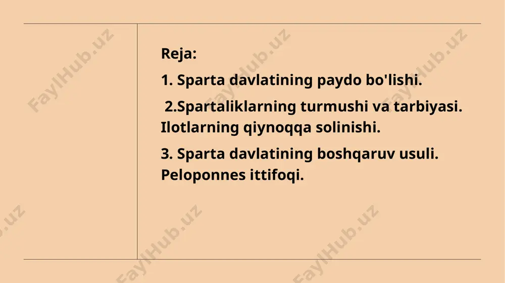 u "tenglar jamoasi" sparta quldorlik davlati sharoitida ilotlar va perieklarni bostirish uchun hukmron sinfning harbiylashtirilgan birlashmasi edi. spartaliklar faqat harbiy ish bilan shug'ullanar edi. yangi tug'ilgan chaqaloqni sparta oliy mahkamasi gerusiyaga, ya'ni oqsoqollar kengashiga olib borganlar. shundan so'ng maxsus komissiyada chaqaloqni tirik qoldirish yoki o'ldirish kerakligi hal qilingan. agar chaqaloq zaif bo'lsa uni qoya ustidan pastga uloqtirganlar. sog'lom va kuchli chaqaloqni tirik qoldirganlar spartalik eng avval jangchi bo'lishi lozim edi. bu esa tashqi dushmanning yaqinligidan emas, balki ezilgan, dushmanlik kayfiyatida bo'lgan ilot aholisi bilan birga yashashdan kelib chiqqan zarurat edi. sparta davlatining butun faoliyati ilotlarni itoatda tutishga qaratilgan edi. ilotlar butunlay huquqsiz edilar. spartalik ilotni o'ldirishga haqli edi. har yilda bir marta "kriptiya" (o'ldirish) degan hunrezlik qilinardi. spartalik yigitlar kechalari yig'ilishib, o'zlarini tanitmasdan ilotlarni o'ldirardilar. spartaning boshqa aholisidan ajralib turish uchun ilotlar maxsus kiyim kiyishar va boshlariga it terisidan telpak kiyishardi. armiyada ilotlar yordamchi vazifalarni bajarardilar. bir safar ikki ming …