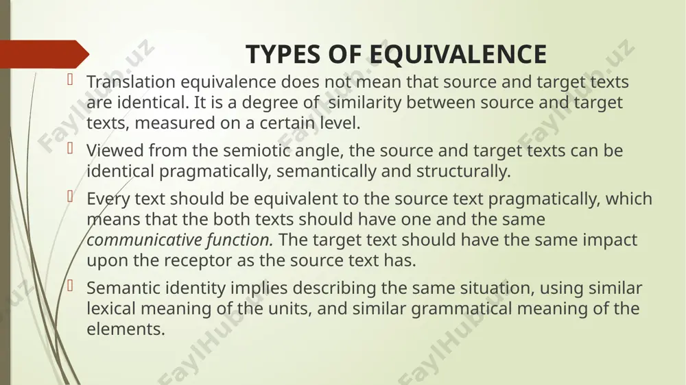 parallel lexical or structural units in these counterparts. therefore, their content is different, the word semes are different, grammar relations between the sentence components are different. nevertheless, the utterances correspond to each other in their communicative functions and in the similarity of the described situation. because of this identity, v. komissarov calls this type of equivalence «identification of the situation». frequently one and the same situation is referred to in different languages. this is particularly true of set phrases: fragile. – осторожно: стекло! beware of the dog! – осторожно, злая собака! push/pull – от себя/к себе. some situations cannot be translated: for example, приятного аппетита! has no corresponding phrase in english. in place of this lacuna, english people use the french idiom bon appetit!. there is also no equivalent for the russian с легким паром. semantic paraphrase dealing with the transformation of meaning implies a semantic variation, or semantic paraphrase …