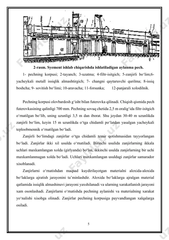 nchi sovitish zonasi. pechning ichida bo‘lib, uzunligi 7% ni tashkil etadi. bu yerda material 1000-11000s gacha sovitiladi. 7. ikkinchi sovitish zonasi. ikkinchi sovitish xolodilniklardan olib boriladi. xolodilniklar pechning ichida yoki pechning tagiga o‘rnatiladi. ikkinchi sovitishdan chiqayotgan klinkerning temperaturasi 1000s atrofida. aylanma pechlar uchun moslangan bu qurilmaning uzunligi 10-30 m, diametri 1,2 – 2,5 m atrofida bo‘ladi. konstruksiyasi bo‘yicha pechga mos ravishda, 4-80 qiyalikda o‘rnatilgan silindrdan iborat. xolodilnik aylanishi davomida undagi klinker pechning chiqish bo‘limi tomonga xarakat qiladi. 4-rasm. aylanma pechdagi xolodilniklarni ochilishi. barabanli xolodilniklar barabanli xolodilniklar aylanma pechning tag qismiga o‘rnatilgan bo‘lib, o‘lchami 2,5 x 24,5 m.ikkita tayanchga o‘rnatilgan bo‘lib, qiyalig‘i 5%, aylanish tezligi 5 ayl/min. xolodilnikning issiq bo‘limi 10 m bo‘lib, uning devorlari 120-150 mm qalinlikdagi shamotli olovbardosh material bilan qoplanadi. keyingi 13,5 metrda xolodilnikning ichki yuzasi uzunligi 1,4 metrlik temir shvellar bilan ta’minlangan, bu shvellardan material sochilib tushadi va sochilib tushishi davomida xavo yordamida soviydi. bunday turdagi xolodilniklar …