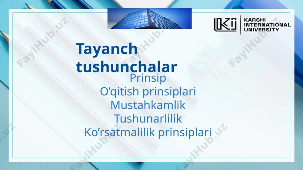 dalagan. « o‘quvchilar, - deb yozadi u, - sezib idrok etishi mumkin bo’lgan narsalarni, albatta, sezgilar vositasi bilan, xususan: ko'rish mumkin bo'lgan narsalarni ko'z bilan ko'rib, hidi bor narsalarni hidlab ko'rib, ta’mini sezish mumkin bo'lgan narsalarni tatib ko'rib, ushlab sezish mumkin bo'lgan narsalarni ushlab bilib olishlari kerak... birdaniga ko'p sezgilar yordamida idrok etish mumkin bo'lgan narsalarni, iloji boricha, bir necha sezgilar yordamida idrok etish lozim». 2018--2019 3 ta’lim prinsiplari turlari ilmiylik, tizimlilik va izchillik prinsipi- maktab ta’limi mazmuniga fanda aniq rasmiylashgan o ‘quv materiallarini kiritishni (bu talab maktab dasturlari va darsliklarini taqqoslashda, o ‘qituvchi har bir dars uchun material tanlashda hisobga olinadi), o‘quvchilarni o ‘z yoshlariga mos ilmiy tushunchalar bilan qurollantirishni talab qiladi. bilimlarni tizimli bayon qilish - ularning yangisini ilgari o ‘tilgani bilan bog‘lash, shu orqali o‘quvchilarning tushuncha va tasavvurlari doirasini kengaytirish hamda chuqurlashtirish, materialni qismlari bo‘yicha o'rganish, ularning asosiy jihatlarini, umumiy g ‘oyasini alohida ifodalash bilan o'quvchilarning mantiqiy …
