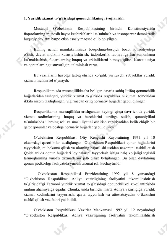 n respublikasi adliya vazirligining faoliyatini takomillashtirish to`g`risida”gi farmoni yuridik xizmat to`g`risidagi qonunchilikni rivojlantirishda muhim ahamiyatga egadir. chunki, unda birinchi marta adliya vazirligiga yuridik xizmat xodimlarini tayyorlash, qayta tayyorlash va attestatsiyadan o`tkazishni tashkil qilish vazifalari yuklatildi. o`zbekiston respublikasi vazirlar mahkamasi 1992 yil 12 noyabrdagi “o`zbekiston respublikasi adliya vazirligining faoliyatini takomillashtirish masalalari to`g`risida”gi 523-sonli qarori bilan vazirliklar, davlat qo`mitalari va idoralar tomonidan umummajburiy tusdagi normativ hujjatlarni adliya vazirligiga huquqiy jihatdan ekspertiza qilish va davlat ro`yxatidan o`tkazish uchun taqdim qilishni ta`minlashni hamda har 5 yilda adliya organlari bilan yuridik xizmat xodimlarini attestatsiyadan o`tkazish to`g`risida shartnomalar tuzishni topshirdi. mazkur qaror bilan adliya vazirligi haqidagi nizom tasdiqlandi. nizomda respublika vazirliklari, davlat qo`mitalari, idoralarining yuridik xizmatlariga uslubiy yordam ko`rsatish, ushbu idoralarning ularga qarashli respublika korxonalari, muassasalari va tashkilotlarining tashqi iqtisodiy faoliyatini huquqiy ta`minlash adliya vazirligining asosiy vazifalaridan biri sifatida belgilandi. shu munosabat bilan bu sohada adliya vazirligining huquq va vakolatlari kengaytirildi. masalan, unga boshqaruv idoralari va …