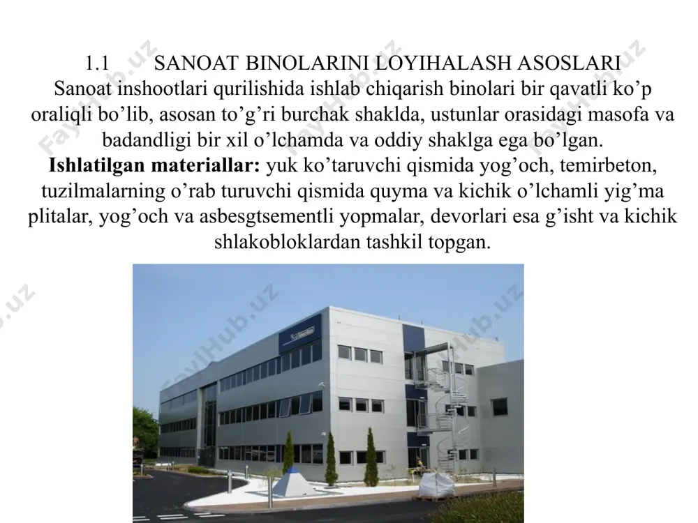 rinishlariga katta ehtibor berilmoqda. shuning bilan birga nimalarga ko’proq e’tibor berishimiz nazarda tutiladi: -qurilishii tannarxi va unga ketadigan mehnatni kamaytirish; -arzon, lekin chidamli qurilish mollari; -yuk ko’taruvchi va yopma tuzilmalar vazn og’irligini yengillatish; -materiallar va grunt asoslari chidamliligidan to’liq foydalanish. -seysmik zo’riqishning eng kichik qiymatini ta’minlaydigan materiallar va tuzilmaviy sxemalarni qo’llash; -simmetrik tuzilmaviy sxemalarni qabul qilish bilan bino tuzilmasining bikrligi va massasini bir tekis taqsimlash; -oraliqlar (oraliq) balandligi bir hil bo’lishi va binoni to’g’ri burchak shaklida tavsiya qilish; -binolarni loyihalashda issiq quruq iqlim sharoitlarini hisobga olish. sanoat binolarini texnik mavqeini oshirish va tannarxini kamaytirish uchun quyidagi yo’nalshnlar bo’yicha ish olib borish kerak: -asosiy yordamchi binolarni birlashtirish yo’li bilan bir tom (bino) shakliga keltirish; -universal (har tomonlama) va boshqa progressiv bino turlarini qo’llash (pavilionli, tekis tomli va h.k.); -ikki va ko’p qavatli binoni ko’paytirish; -katta hajmdagi kranlarni (mostovoy) osma va polda yuradigan kranlarga almashtirish; -qurilish tuzilmalari va detallarini to’laligicha zavodlarda tayyorlab …
