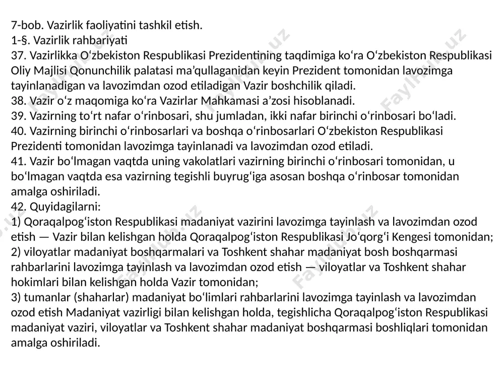 tirish; kino sanoatini davlat tomonidan qo‘llab-quvvatlash tizimini bozor tamoyillari asosida takomillashtirish, shuningdek, xorijiy kinokompaniyalarni mamlakatga jalb qilish va hamkorlikda filmlar ishlab chiqarishni rivojlantirish; kino sanoatini iqtisodiyotning alohida tarmog‘i sifatida rivojlantirish, zamonaviy va yuqori texnologik moddiy-texnik bazaga ega infratuzilmani yaratish; kinematografiya sohasida kadrlar tayyorlash, kino ijodkorlari va texnik xodimlari malakasini oshirishning samarali tizimini yaratish; milliy seriallar ishlab chiqarishni davlat tomonidan rag‘batlantirish, animatsion filmlar ishlab chiqarishga yosh multiplikator va animatorlarni keng jalb qilish; sohada mualliflik huquqining kafolatli himoya qilinishini ta’minlash, kinoprokat tizimini rivojlantirish va milliy filmlarni jahon kino bozorlariga olib chiqish. 2. “o‘zbekkino” milliy agentligi o‘zbekiston respublikasi kinematografiya agentligi etib qayta nomlansin kinematografiya agentligi* “qoraqalpoqkino” agentligi “o‘zbekfilm” kinokonserni” davlat unitar korxonasi “alisher navoiy nomidagi kino saroyi” davlat unitar korxonasi “o‘zbekiston milliy kinofondi” davlat muassasasi “qoraqalpoqfilm” davlat unitar korxonasi “do‘rmon kinoijodkorlar uyi” davlat unitar korxonasi “o‘zbekiston kino san’ati muzeyi” davlat muassasasi “yoshlik” kinostudiyasi” davlat unitar korxonasi milliy kinematografiyani rivojlantirish markazi “s.a. gerasimov nomidagi …