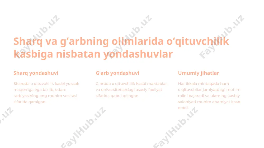 doirasidagi mustaqilligi kuchli rivojlangan. ilg'or g'oyalar har ikkala mintaqada ham oʻqituvchining obʼektiv, ijodiy va shaxsiy-kasbiy rivojlanishi muhim e'tiborga olingan. 5 oʻqituvchi kasbining jamiyat hayotidagi ahamiyati shaxs tarbiyasi oʻqituvchilar yosh avlod ma'naviy va intellektual rivojlanishida asosiy rolni oʻynaydilar. milliy taraqqiyot oʻqituvchining faoliyati jamiyatdagi ijtimoiy-siyosiy va iqtisodiy o'zgarishlarni belgilaydi. yangilanish va rivojlanish oʻqituvchining ijodiy yondashuvi jamiyatning ilg'or g'oyalar bilan yangilanishiga xizmat qiladi. 6 oʻqituvchi kasbining maqsad va vazifalalari 1 bilim berish samarali oʻqitish jarayonini tashkil qilish, oʻquvchilarni chuqur va puxta bilimlar bilan qurollantirish. 2 shaxs tarbiyasi yosh avlodni ma'naviy-axloqiy, intellektual va ijodiy jihatdan tarbiyalash. 3 uzluksiz rivojlanish oʻzining kasbiy mahoratini doimiy ravishda oshirib borish. 7 oʻqituvchi kasbiga qoʻyiladigan shaxsiy va kasbiy talablar intellektual qobiliyat xarakatchan, ijodkor va yuksak intellektual qobiliyatga ega boʻlishi zarur. pedagogik mahorat oʻquvchilar bilan yaqin muloqotda boʻlish, ularga ta'sir etish qobiliyati. chuqur bilim taʼlim sohasida yetuk nazariy va amaliy bilim va koʻnikmaga ega boʻlishi lozim. yuksak axloq keng dunyoqarash, …