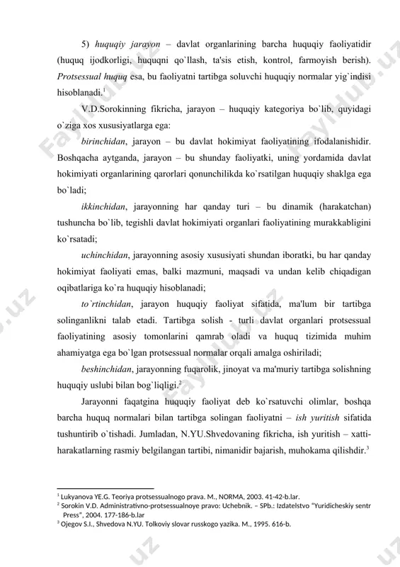 a, nohuquqiy ishlar ni ham yuritishda namoyon bo`ladi, shuningdek, u bir marta amalga oshirishga mo`ljallangan bo`lishi mumkin. huquqiy jarayon, davlatning boshqa huquqiy faoliyati singari, huquqiy ish yuritishning bir qismi hisoblanadi. davlat hokimiyati organlari faoliyatini ma'lum bir tartibda jarayonlashtirish davlat tomonidan protsessual normalarni o`rnatish orqali amalga oshiriladi. protsessual qonunchilik (normalar)ning mavjud bo`lishi – huquqiy jarayonning asosiy belgisi hisoblanadi. davlat hokimiyati faoliyati to`g`ri va to`liq huquqiy tartibga solingan, ma'lum bir tartibda jarayonlashtirilgan bo`lishi kerak. huquqiy jarayonning keng tarqalgan ko`rinishi – bu ma'muriy jarayondir. yuridik adabiyotlarda, ma'muriy jarayon, ijro hokimiyati organlarining ma'muriy protsessual shaklda amalga oshiriladigan va aniq bir huquqiy masalalarni hal etishga qaratilgan - hokimiyat faoliyati sifatida ko`rsatib o`tiladi. bu birinchi navbatda, ma'muriy jarayonning ma'muriy huquq normalari bilan tartibga solinganligiga asoslanadi. ma'muriy jarayon huquqiy jarayonning barcha umumiy xususiyatlariga ega. lekin shu bilan birga uning quyidagi o`ziga xos xususiyatlari ham mavjuddir: birinchidan, ma'muriy jarayon – ijro organlarining maqsadga muvofiq yo`naltirilgan hokimiyat faoliyatidir; ikkinchidan, …